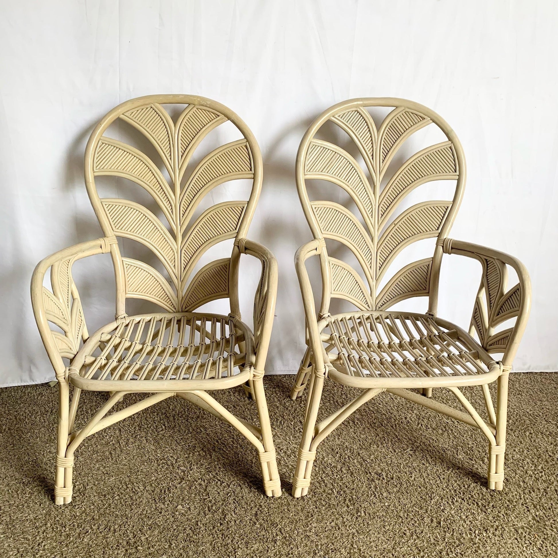 Boho Chic Coastal Sculpted Palm Frond Rattan Dining Arm Chairs - Set of 4 - Dolphin & Flamingo