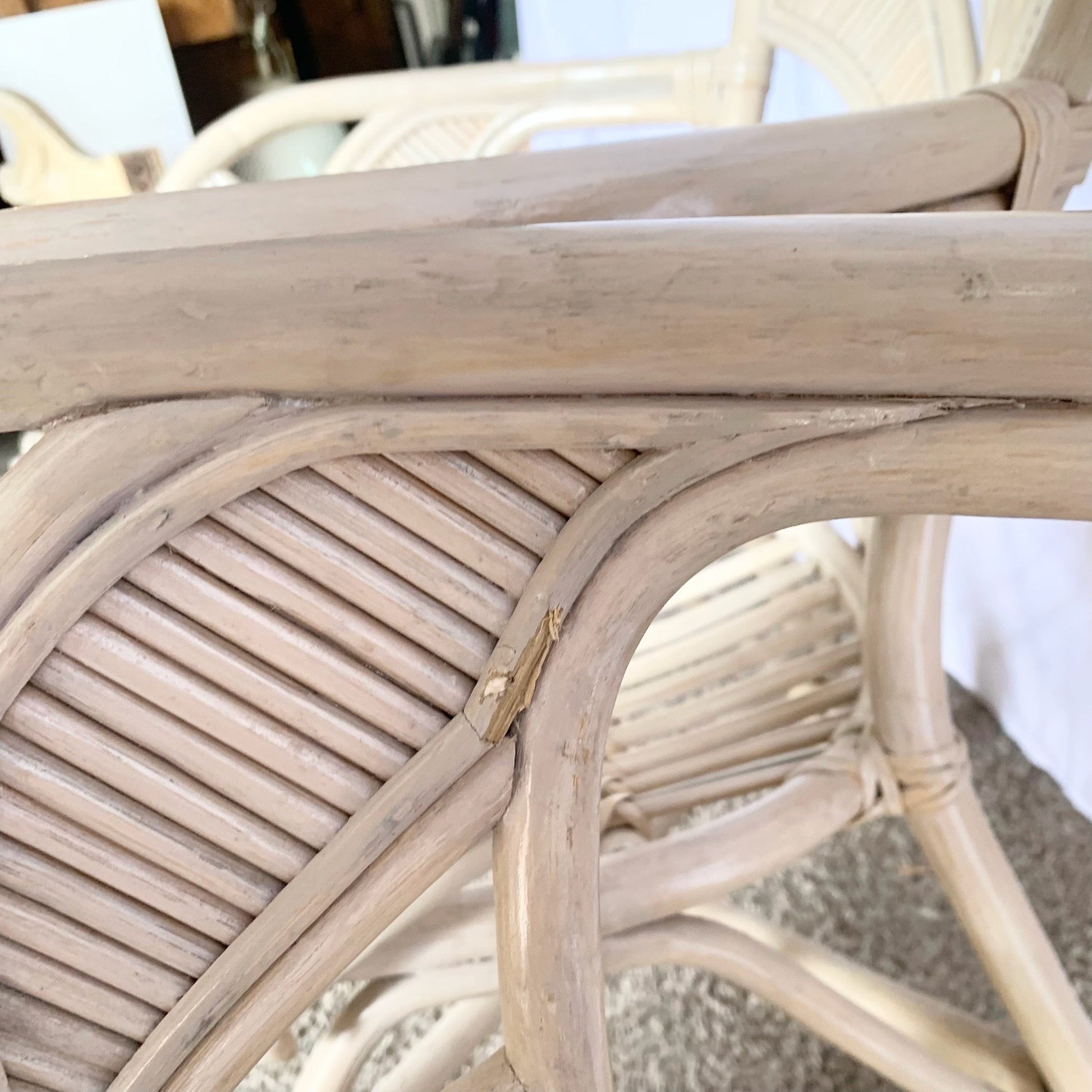 Boho Chic Coastal Sculpted Palm Frond Rattan Dining Arm Chairs - Set of 4 - Dolphin & Flamingo