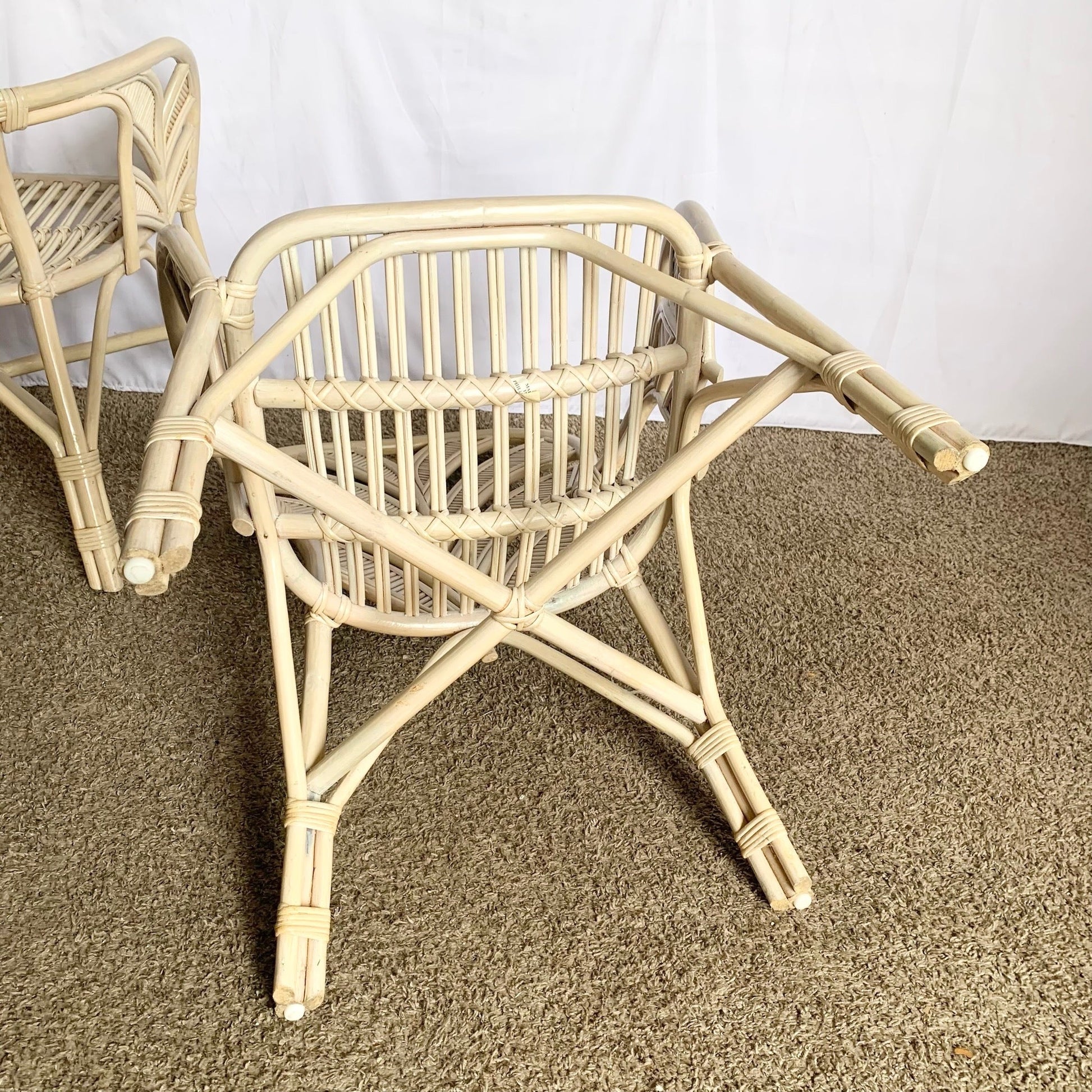 Boho Chic Coastal Sculpted Palm Frond Rattan Dining Arm Chairs - Set of 4 - Dolphin & Flamingo