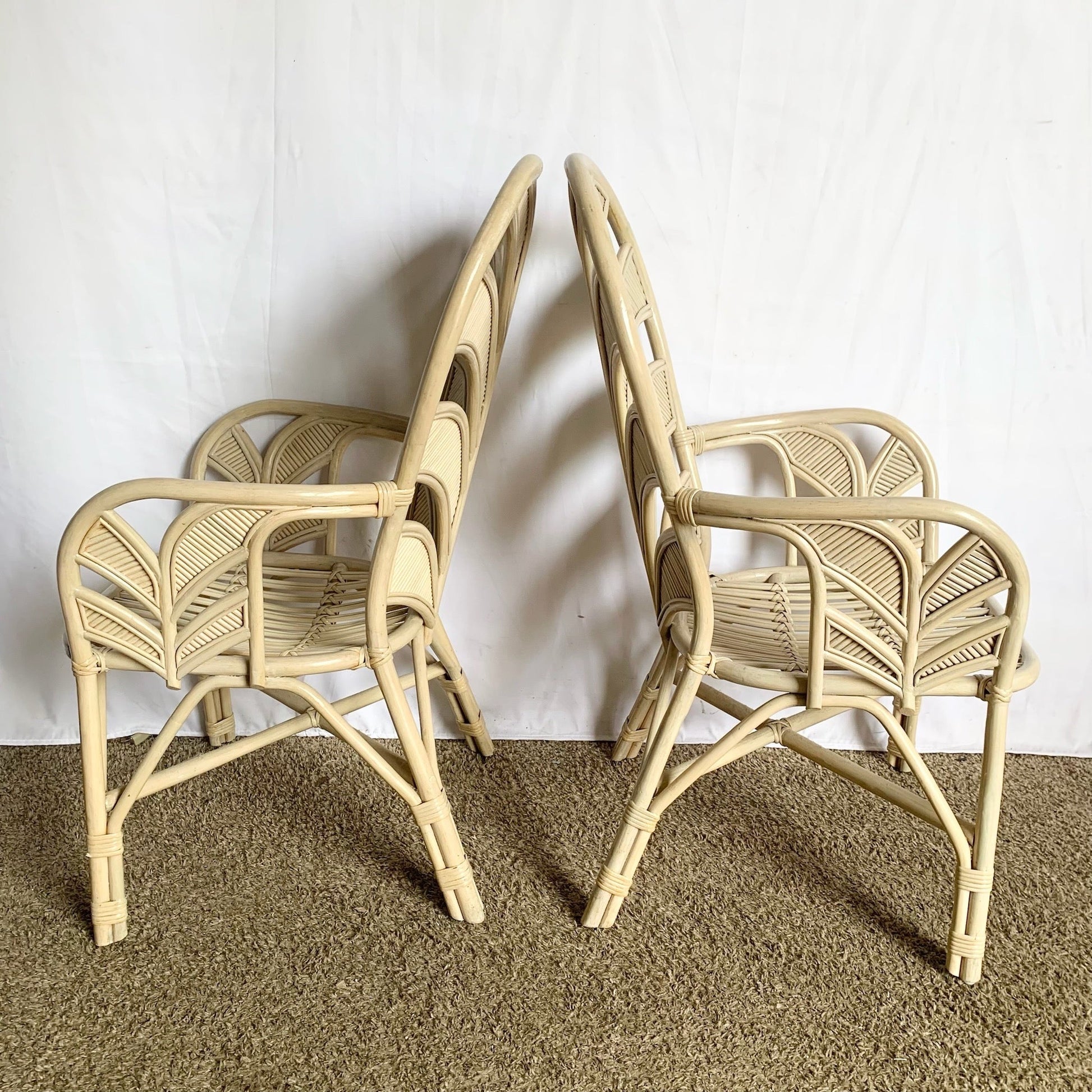 Boho Chic Coastal Sculpted Palm Frond Rattan Dining Arm Chairs - Set of 4 - Dolphin & Flamingo