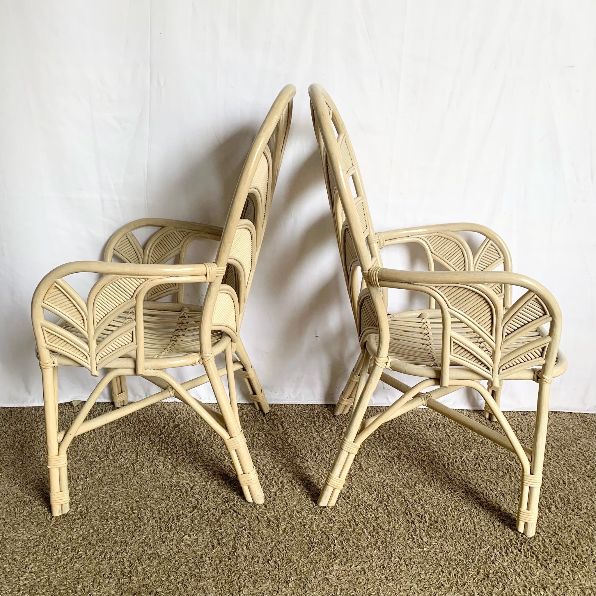 Boho Chic Coastal Sculpted Palm Frond Rattan Dining Arm Chairs - Set of 4 - Dolphin & Flamingo