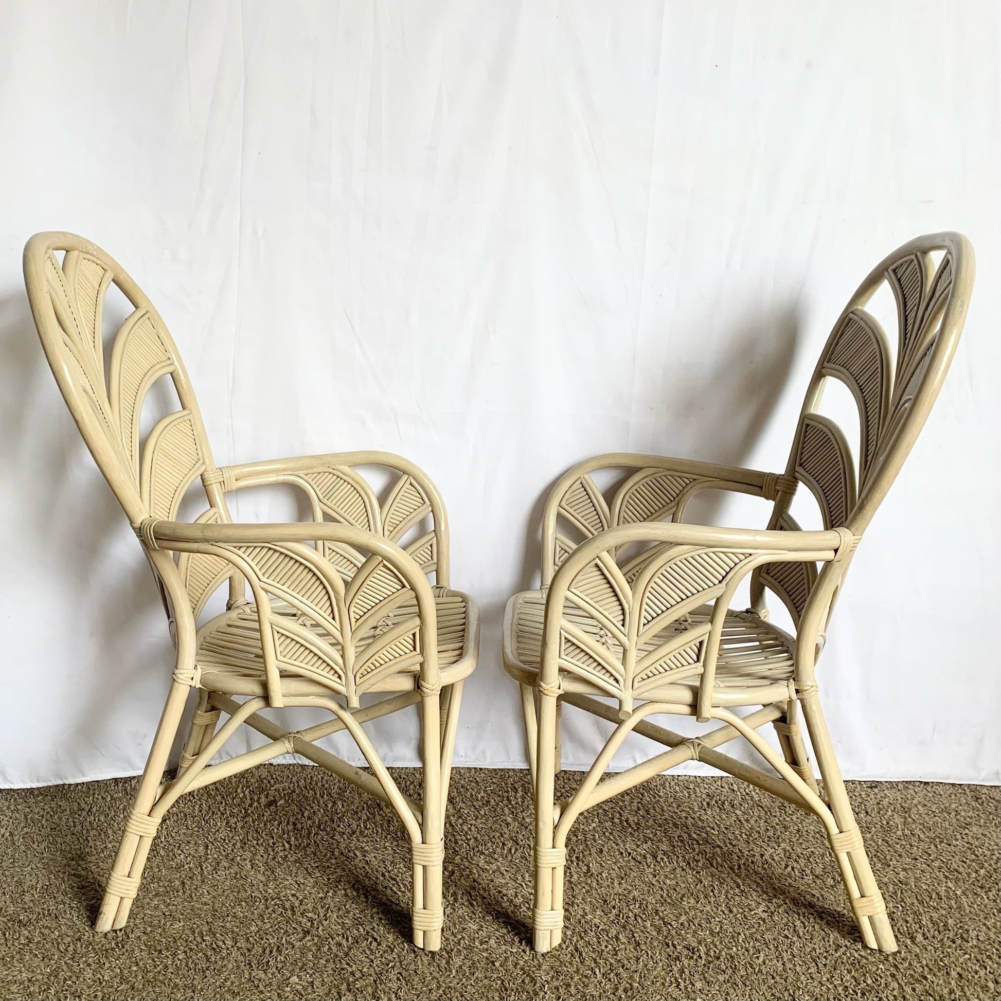 Boho Chic Coastal Sculpted Palm Frond Rattan Dining Arm Chairs - Set of 4 - Dolphin & Flamingo