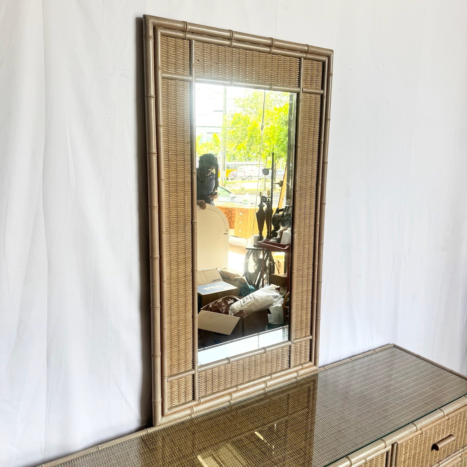 Boho Chic Coastal Wicker Faux Bamboo Dresser With Mirror - Dolphin & Flamingo