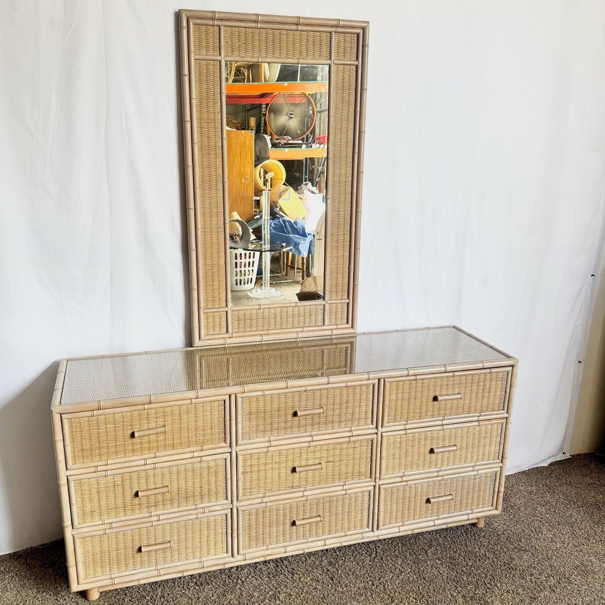 Boho Chic Coastal Wicker Faux Bamboo Dresser With Mirror - Dolphin & Flamingo
