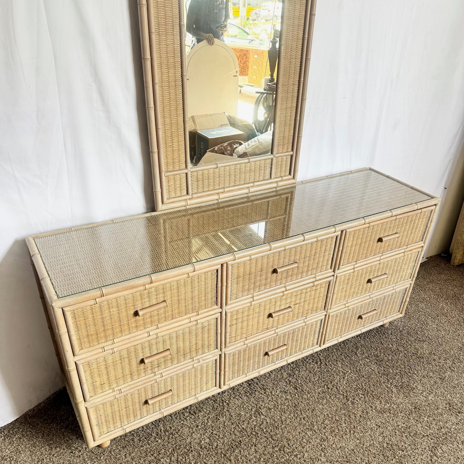 Boho Chic Coastal Wicker Faux Bamboo Dresser With Mirror - Dolphin & Flamingo