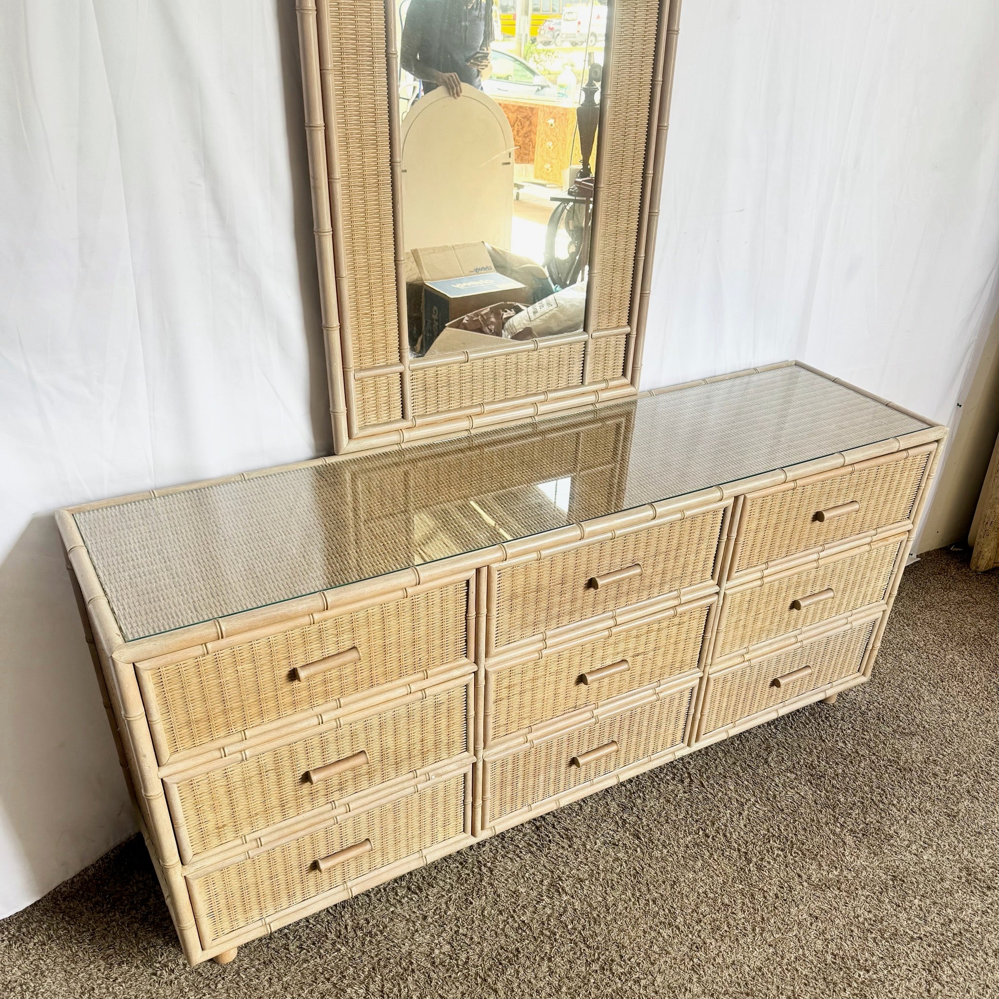 Boho Chic Coastal Wicker Faux Bamboo Dresser With Mirror - Dolphin & Flamingo