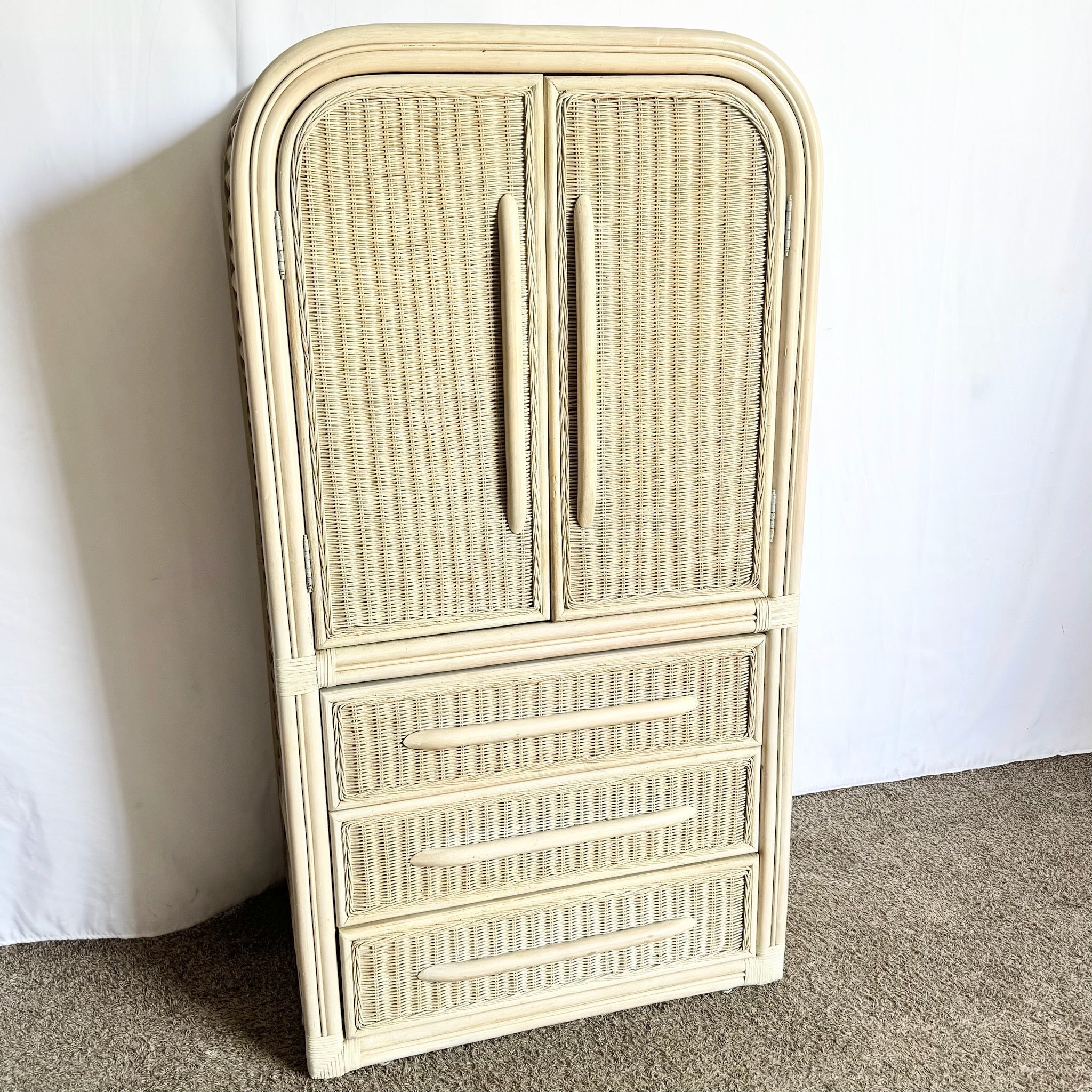 Boho Chic Coastal Wicker Rattan Waterfall Armoire - Dolphin & Flamingo