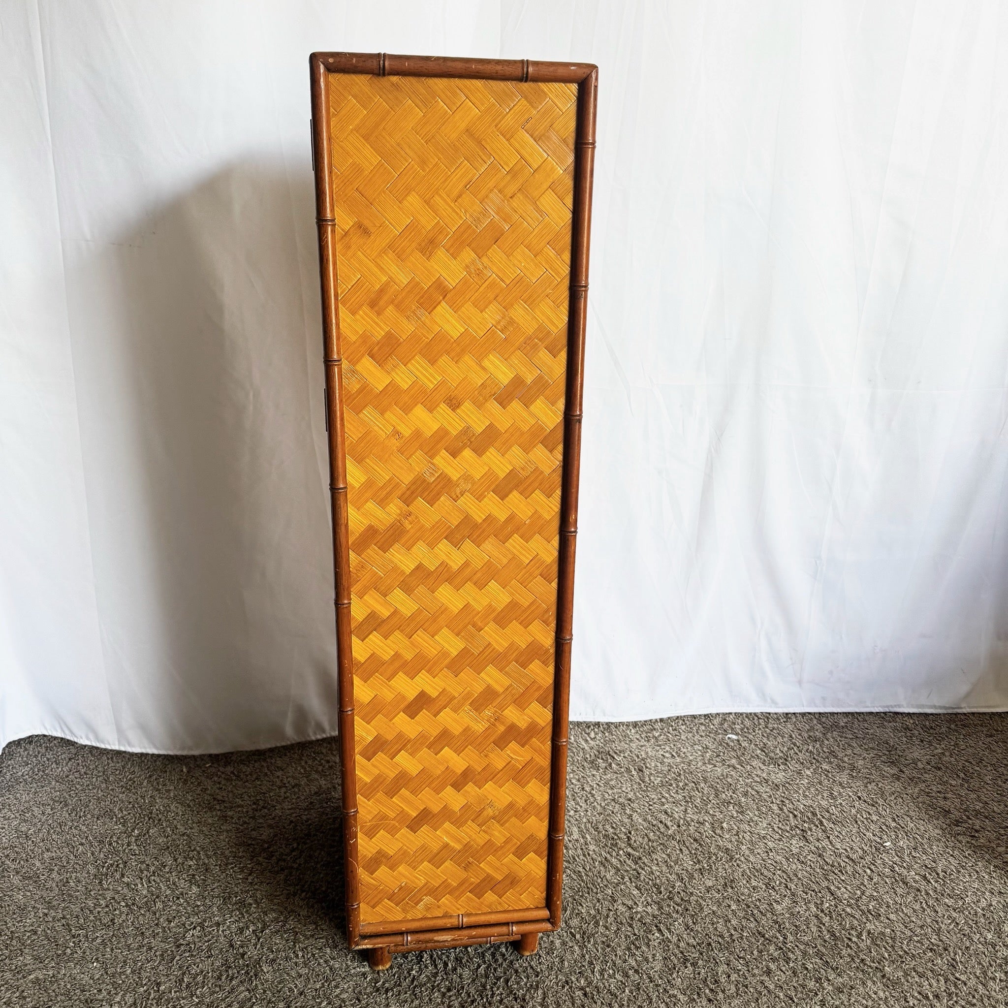 Boho Chic Faux Bamboo and Herringbone Wicker Highboy/Lingerie Armoire - Dolphin & Flamingo