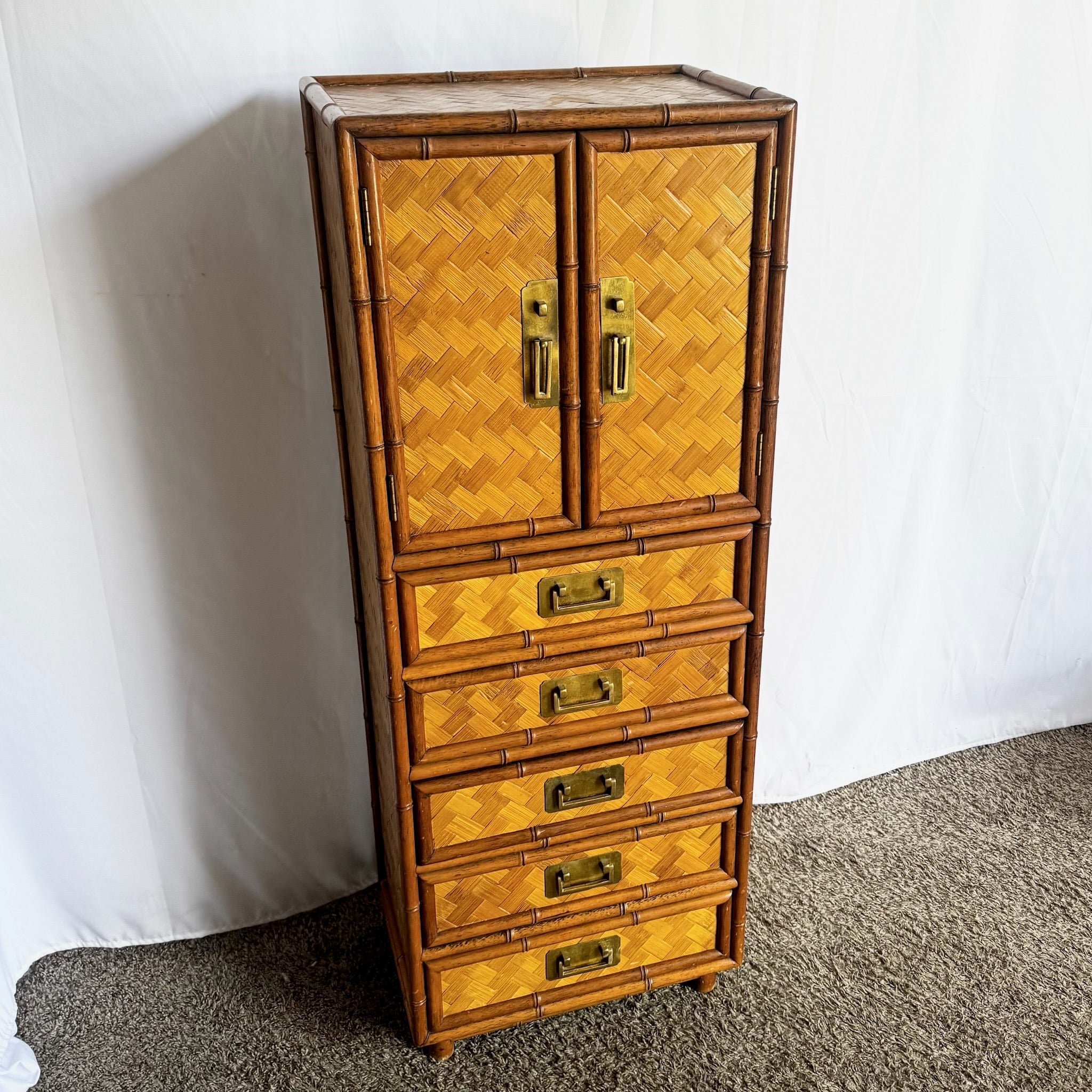 Boho Chic Faux Bamboo and Herringbone Wicker Highboy/Lingerie Armoire - Dolphin & Flamingo