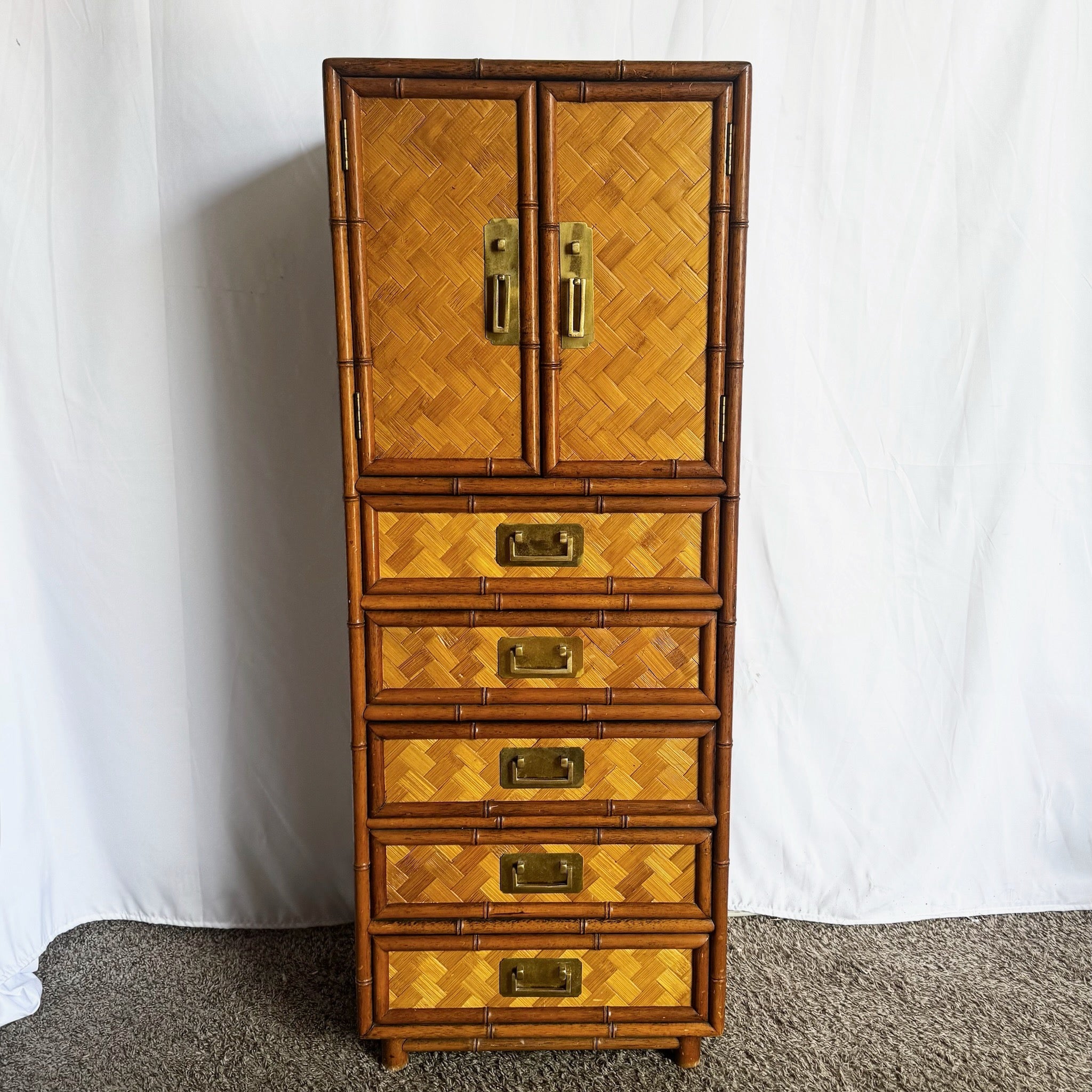 Boho Chic Faux Bamboo and Herringbone Wicker Highboy/Lingerie Armoire - Dolphin & Flamingo