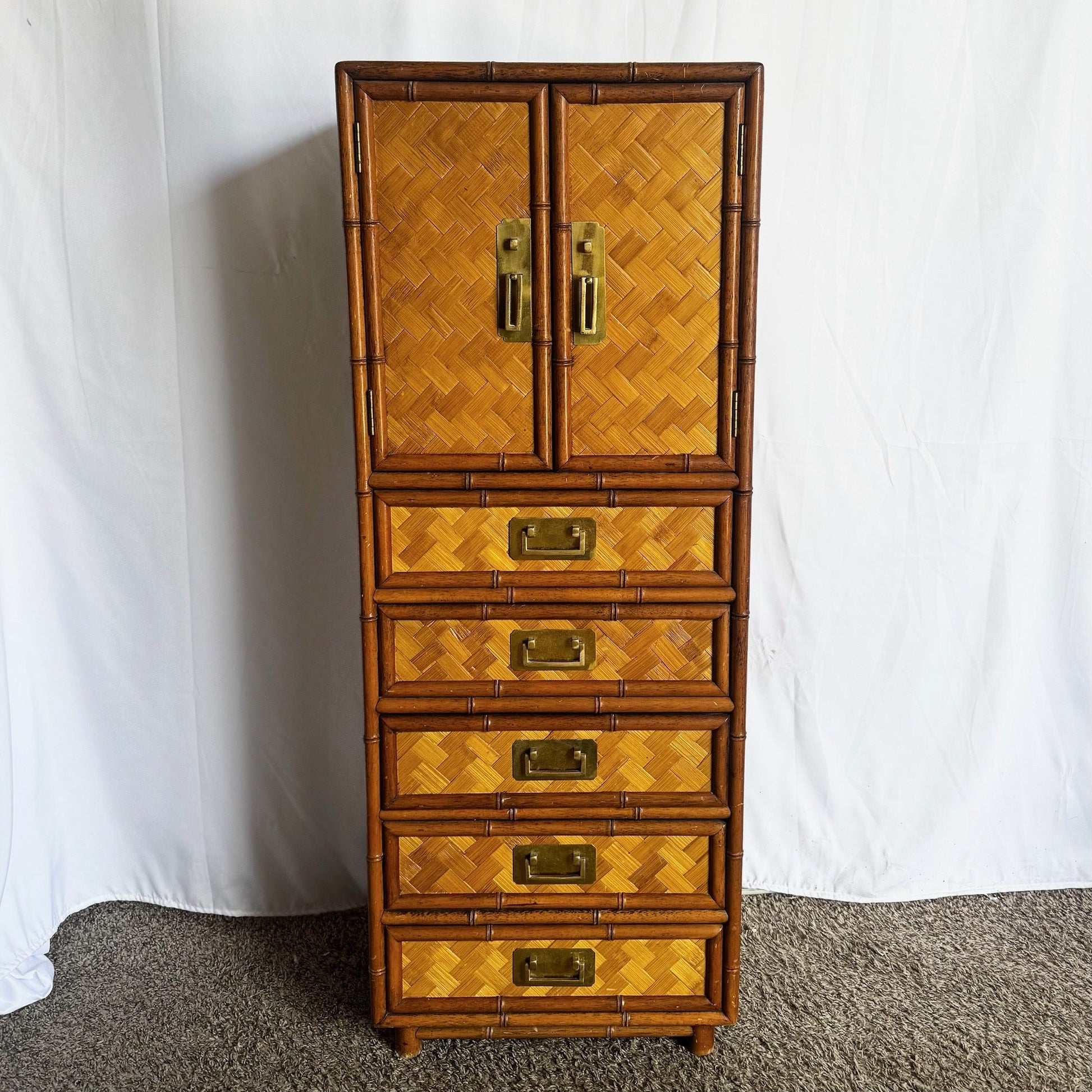Boho Chic Faux Bamboo and Herringbone Wicker Highboy/Lingerie Armoire - Dolphin & Flamingo