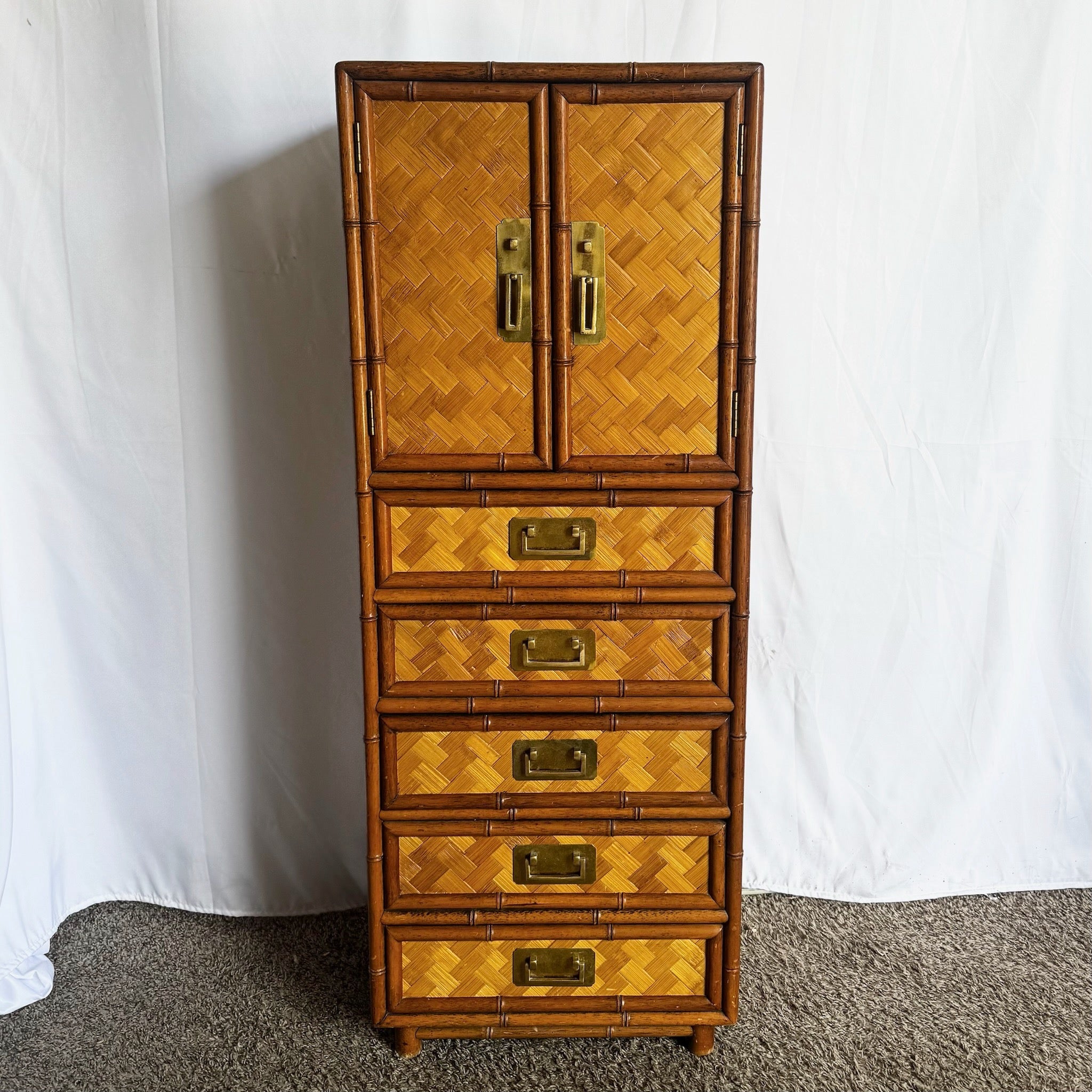 Boho Chic Faux Bamboo and Herringbone Wicker Highboy/Lingerie Armoire - Dolphin & Flamingo