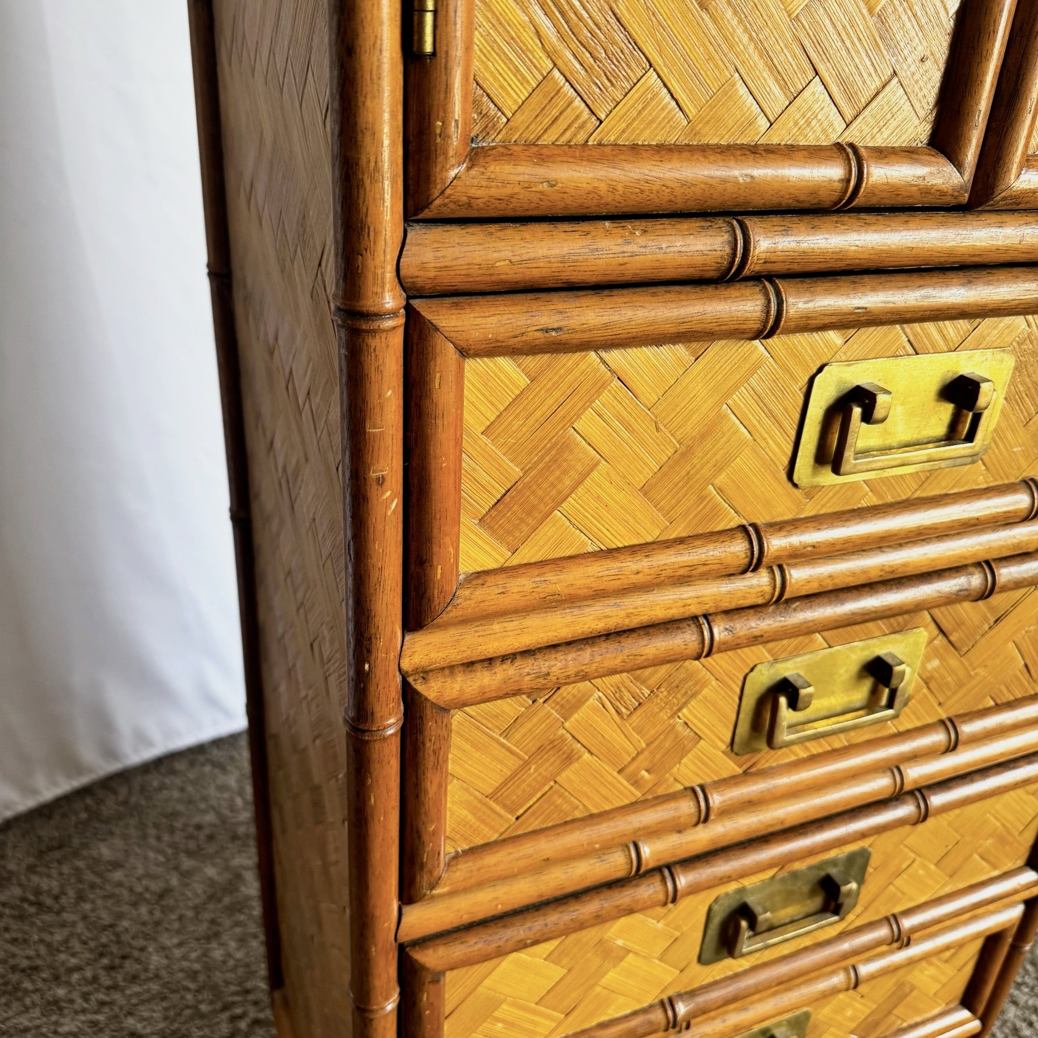 Boho Chic Faux Bamboo and Herringbone Wicker Highboy/Lingerie Armoire - Dolphin & Flamingo
