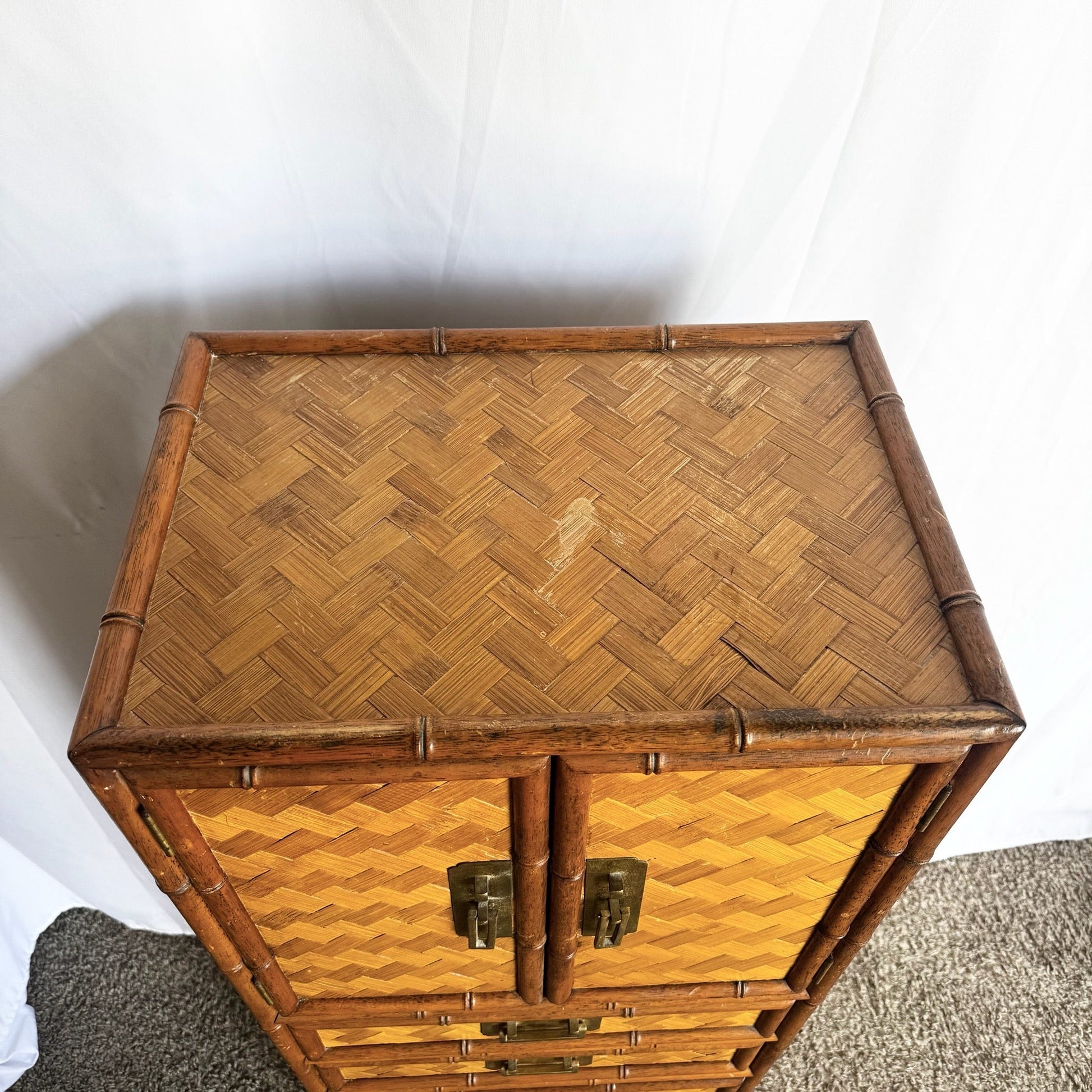 Boho Chic Faux Bamboo and Herringbone Wicker Highboy/Lingerie Armoire - Dolphin & Flamingo