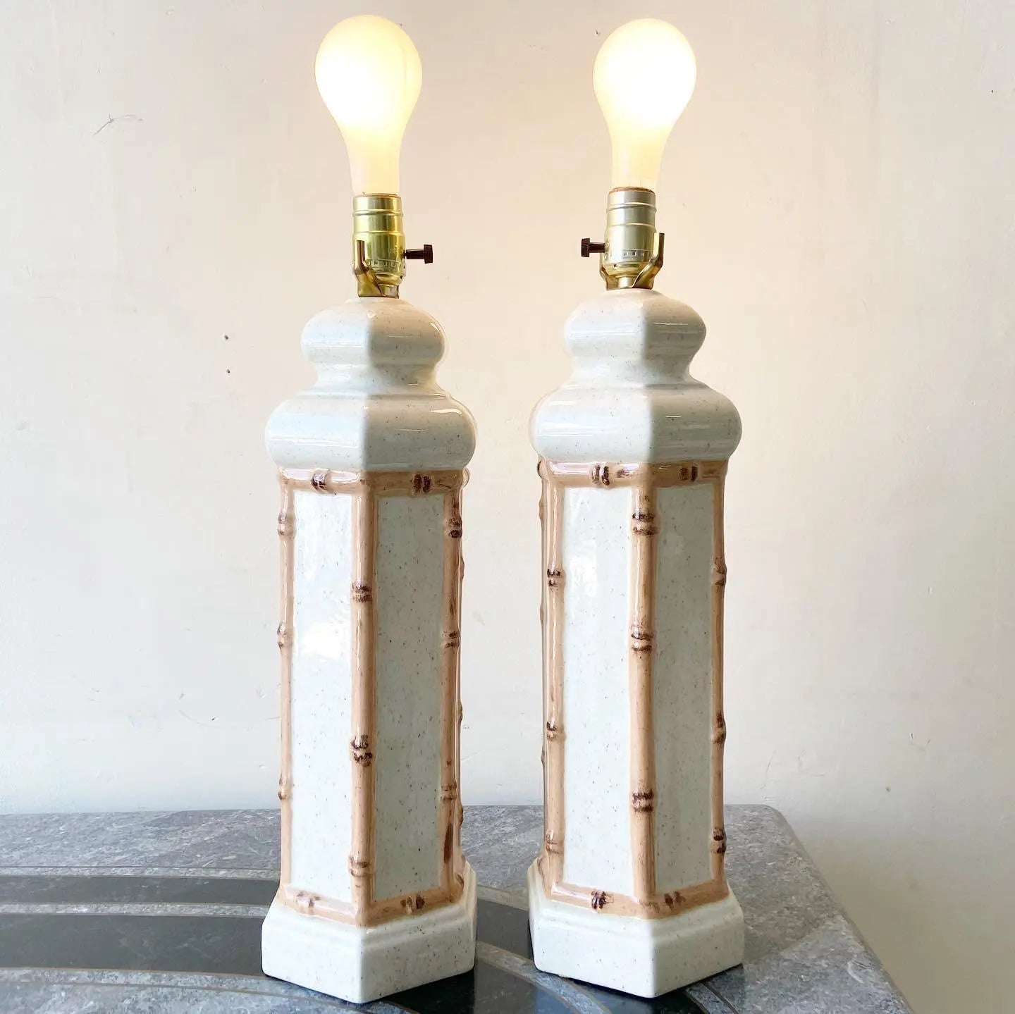 Boho Chic Faux Bamboo Ceramic Table Lamps - a Pair