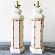 Boho Chic Faux Bamboo Ceramic Table Lamps - a Pair