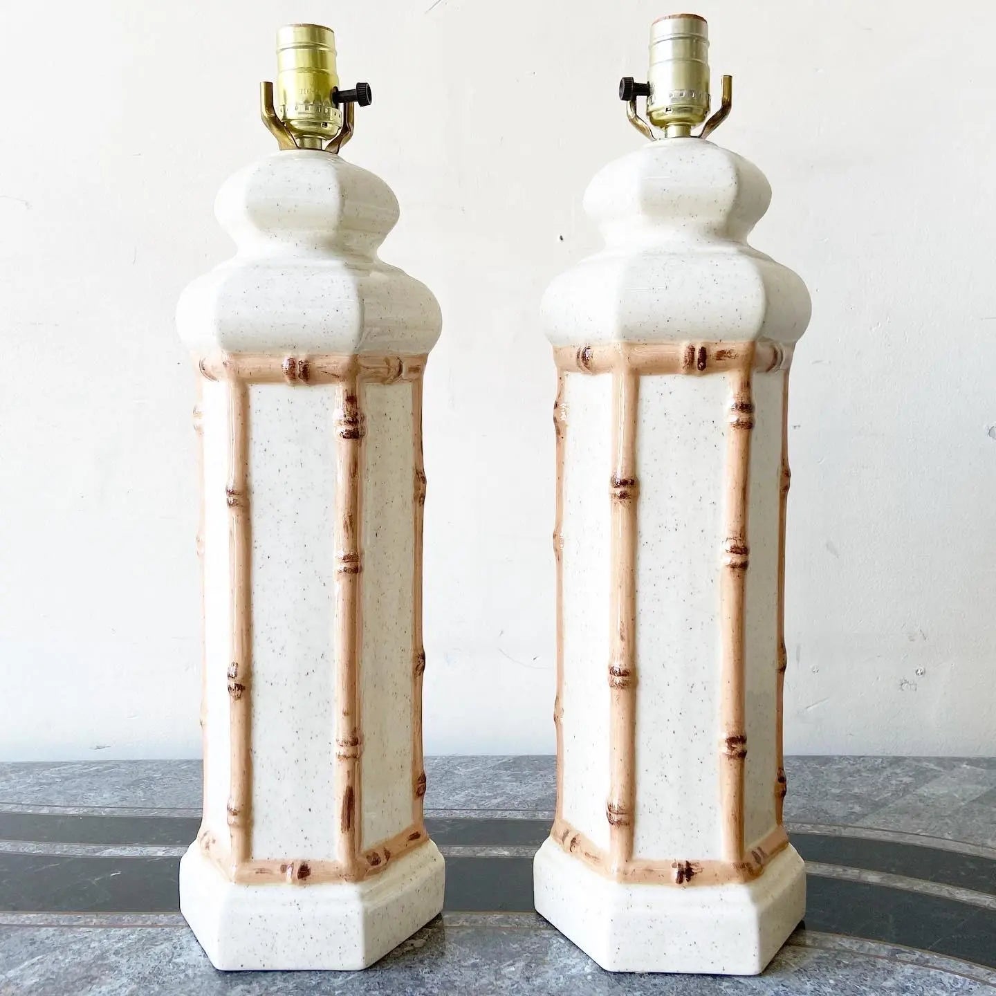 Boho Chic Faux Bamboo Ceramic Table Lamps - a Pair