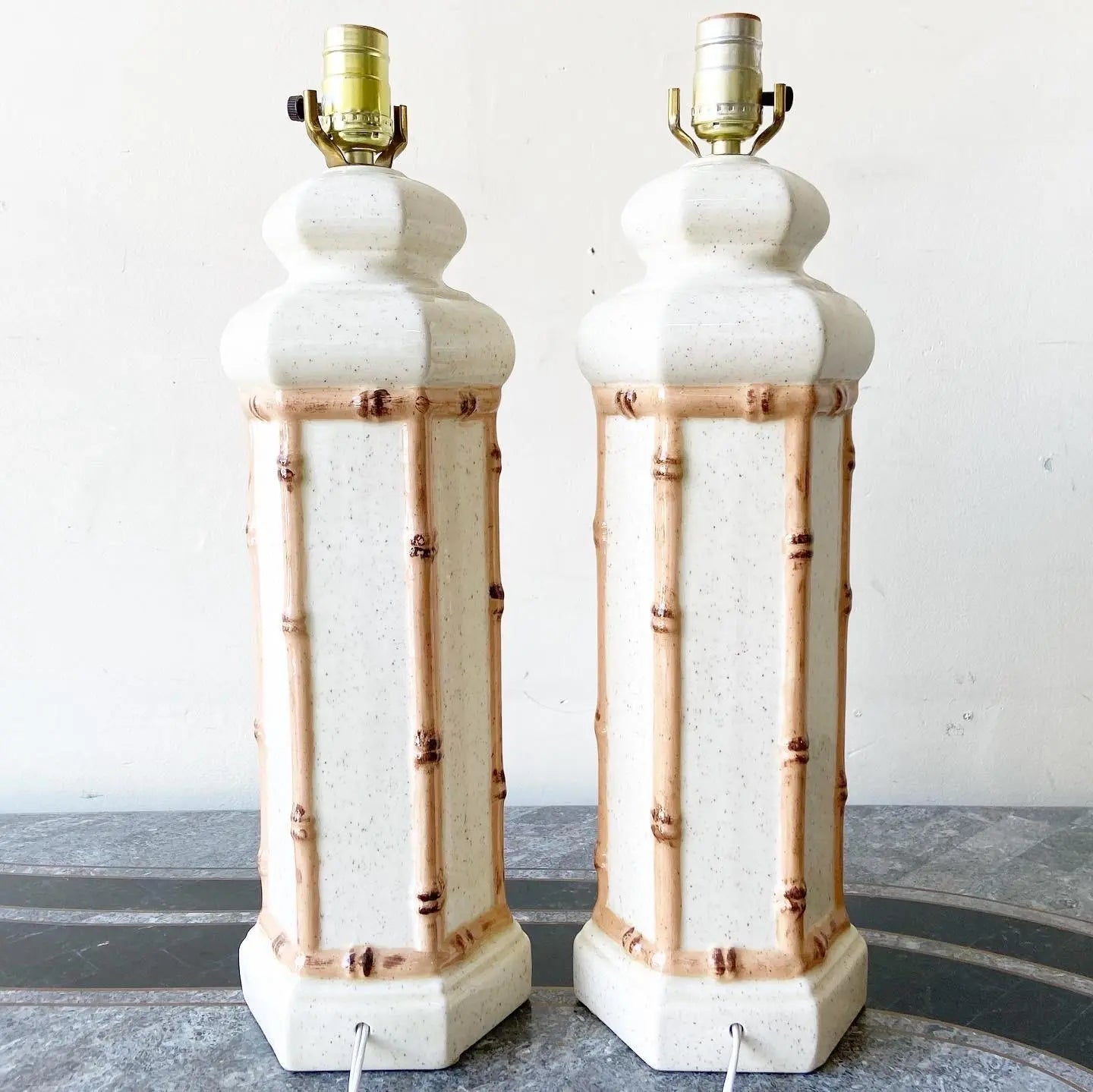 Boho Chic Faux Bamboo Ceramic Table Lamps - a Pair