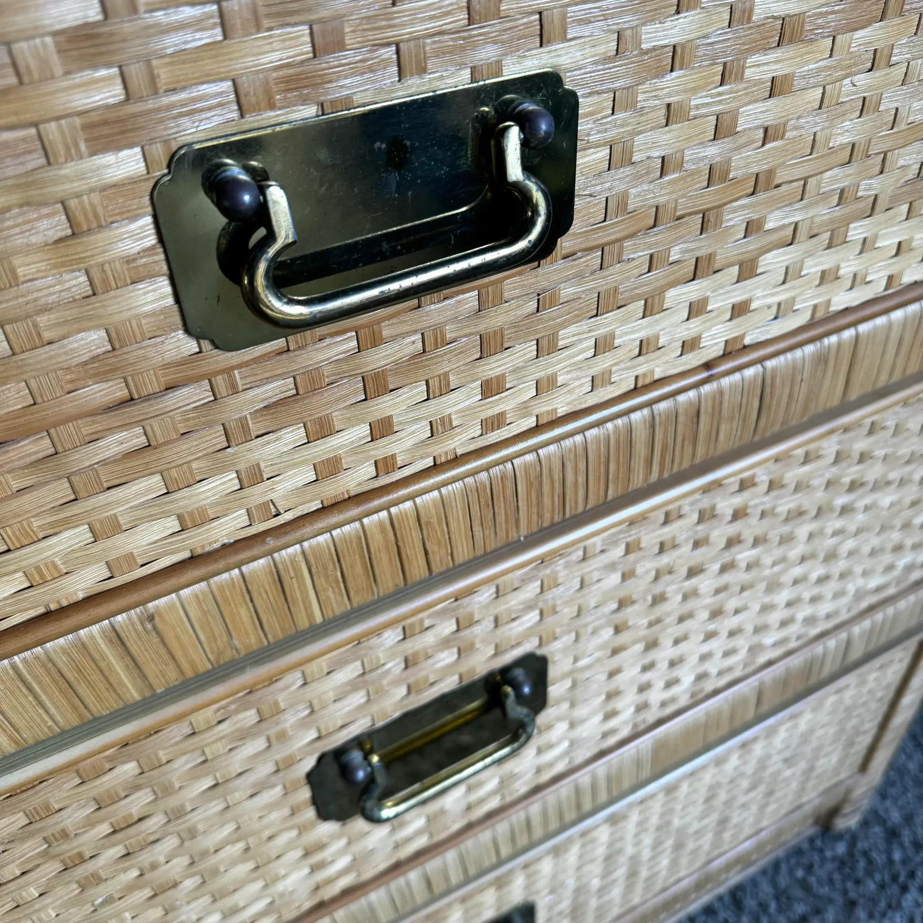 Boho Chic Glass Top Wicker Dresser With Brass Handles by Dixie - Dolphin & Flamingo