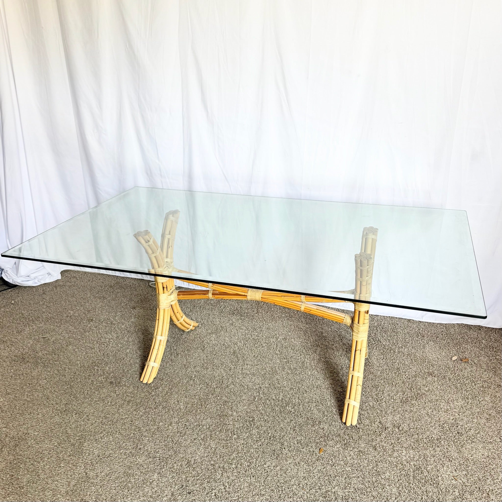 Boho Chic McGuire Style Rattan Glass Top Dining Table - Dolphin & Flamingo