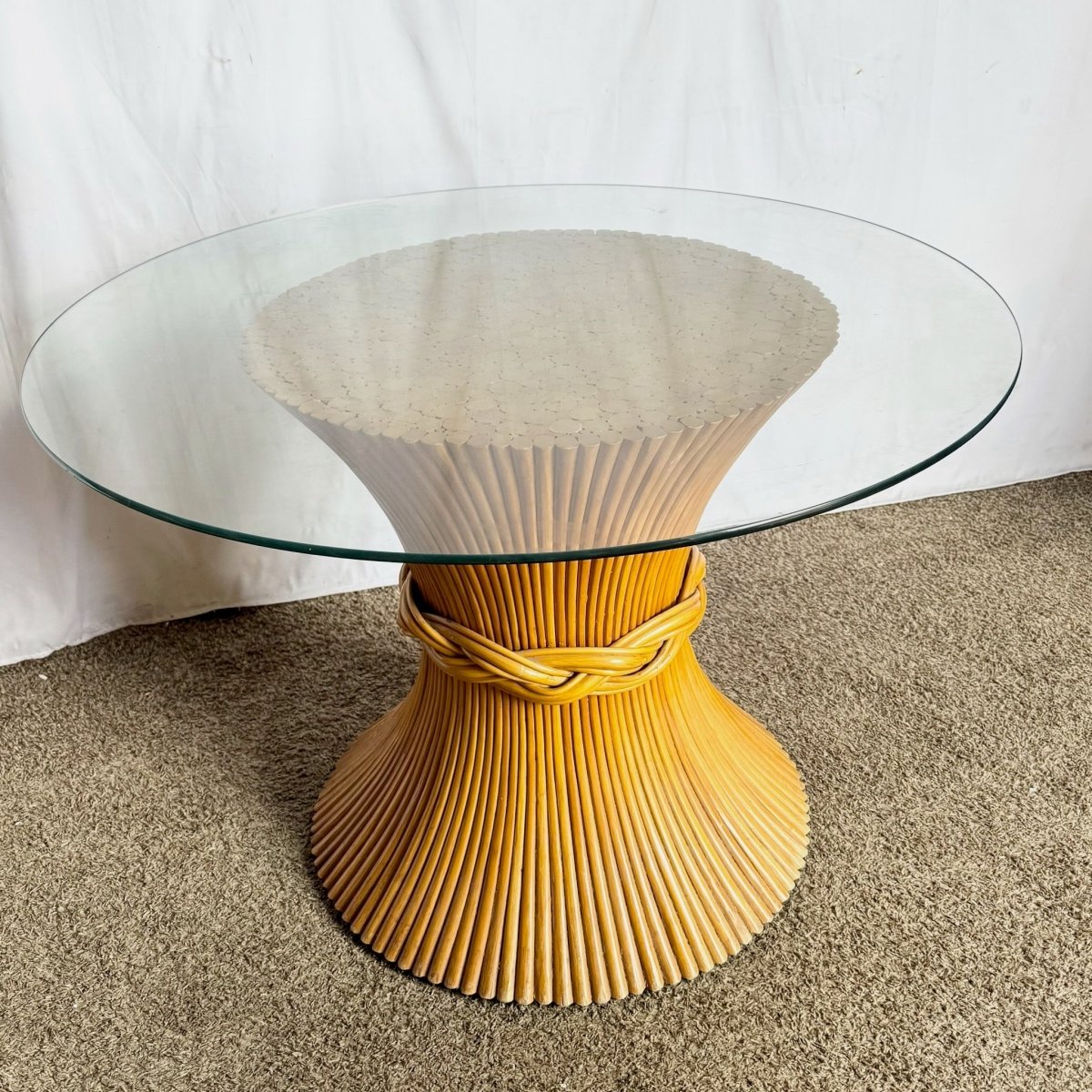 Boho Chic McGuire Style Sheaf of Wheat Circular Glass Top Dining Table - Dolphin & Flamingo
