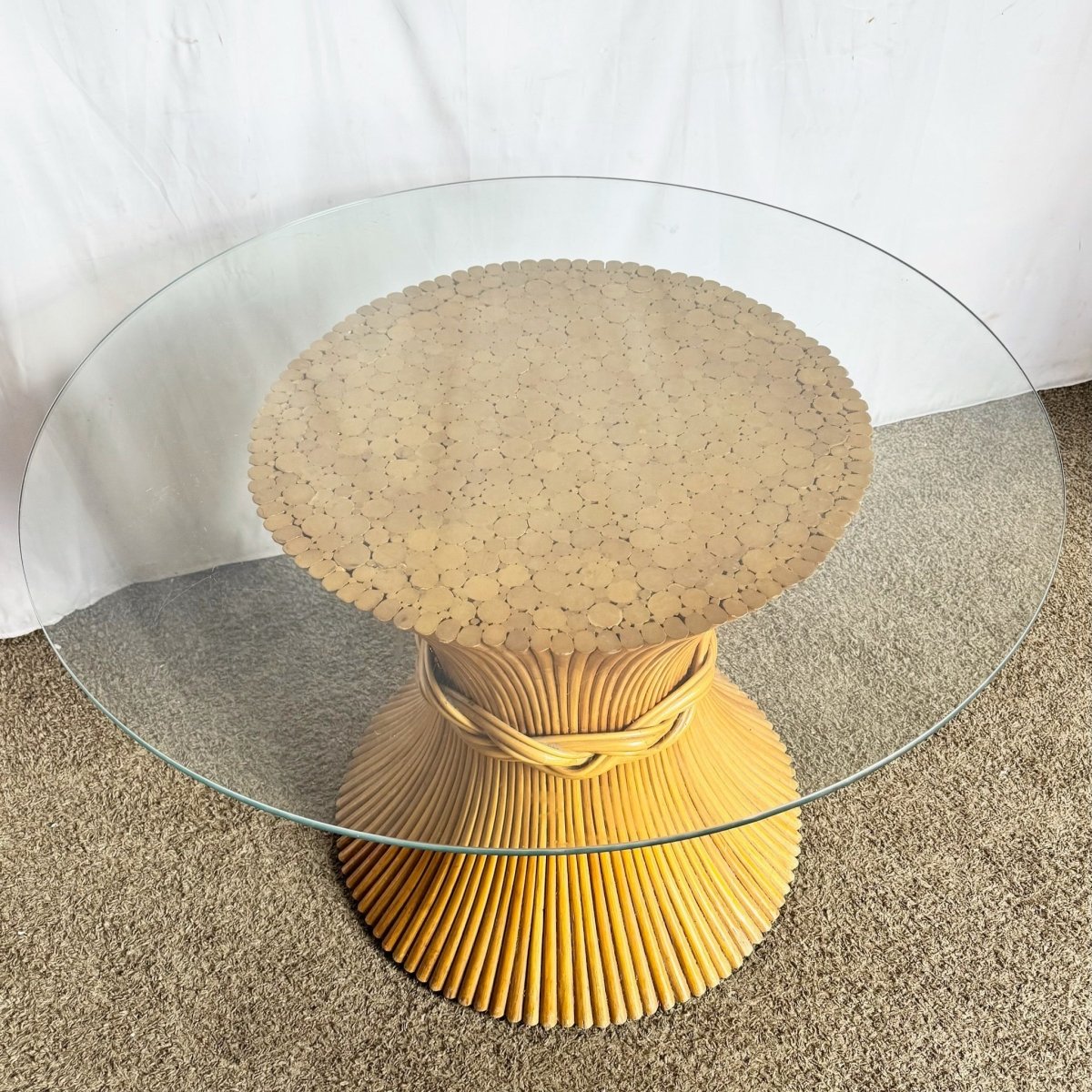 Boho Chic McGuire Style Sheaf of Wheat Circular Glass Top Dining Table - Dolphin & Flamingo