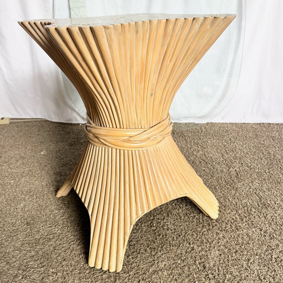 Boho Chic McGuire Style Sheaf of Wheat Rounded Square Glass Top Dining Table - Dolphin & Flamingo