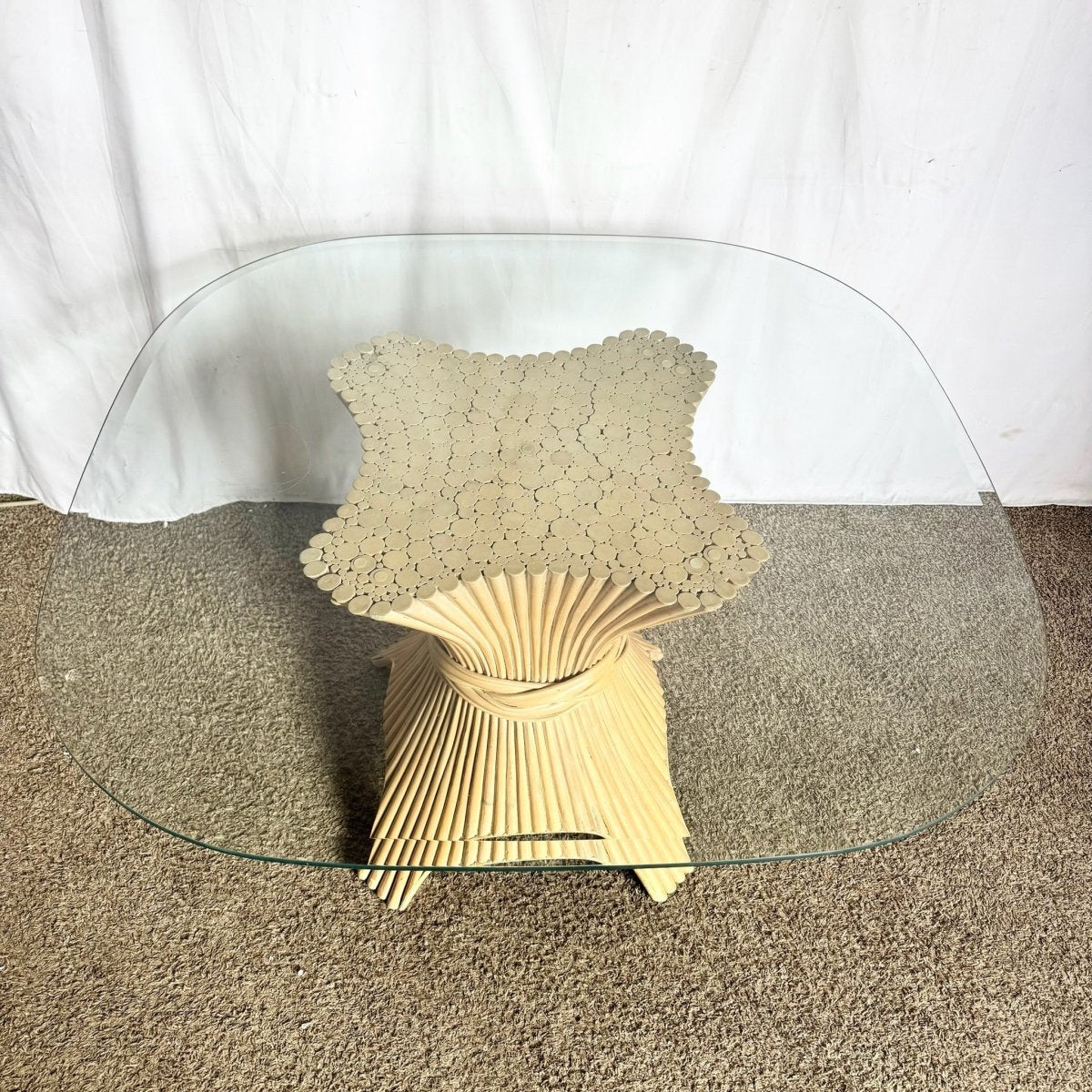Boho Chic McGuire Style Sheaf of Wheat Rounded Square Glass Top Dining Table - Dolphin & Flamingo