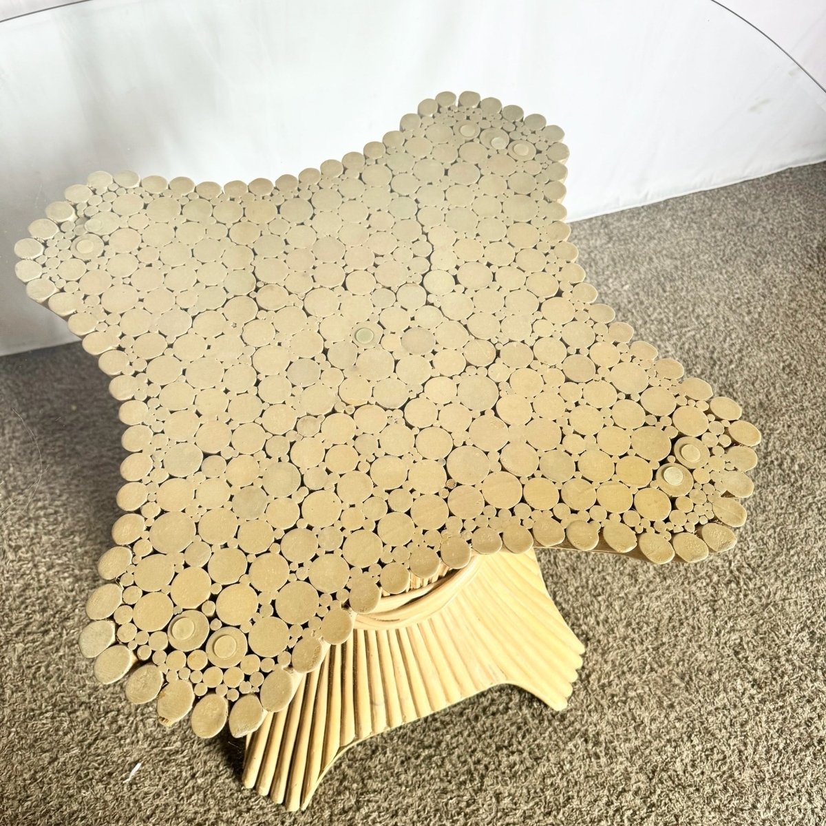 Boho Chic McGuire Style Sheaf of Wheat Rounded Square Glass Top Dining Table - Dolphin & Flamingo