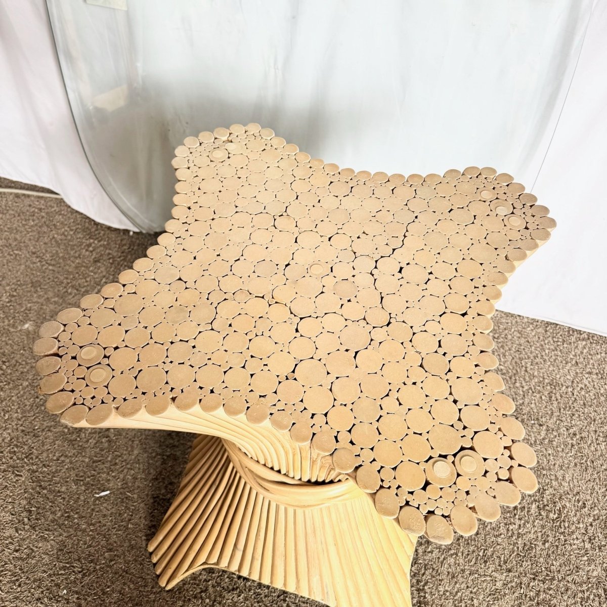 Boho Chic McGuire Style Sheaf of Wheat Rounded Square Glass Top Dining Table - Dolphin & Flamingo