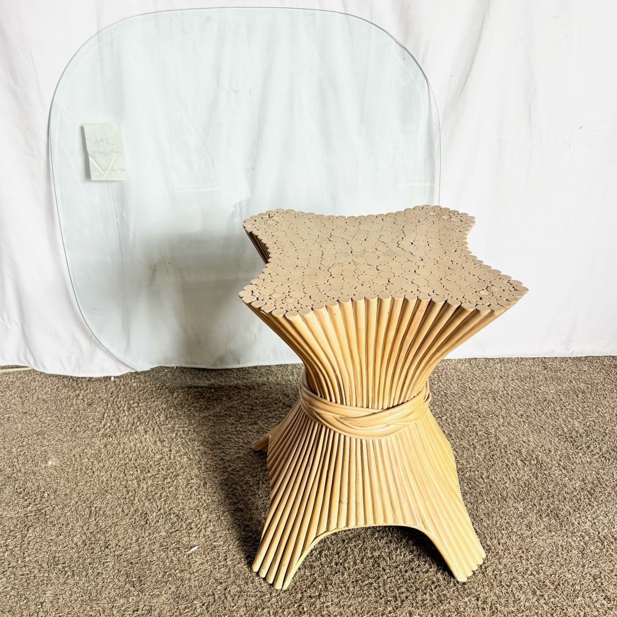 Boho Chic McGuire Style Sheaf of Wheat Rounded Square Glass Top Dining Table - Dolphin & Flamingo