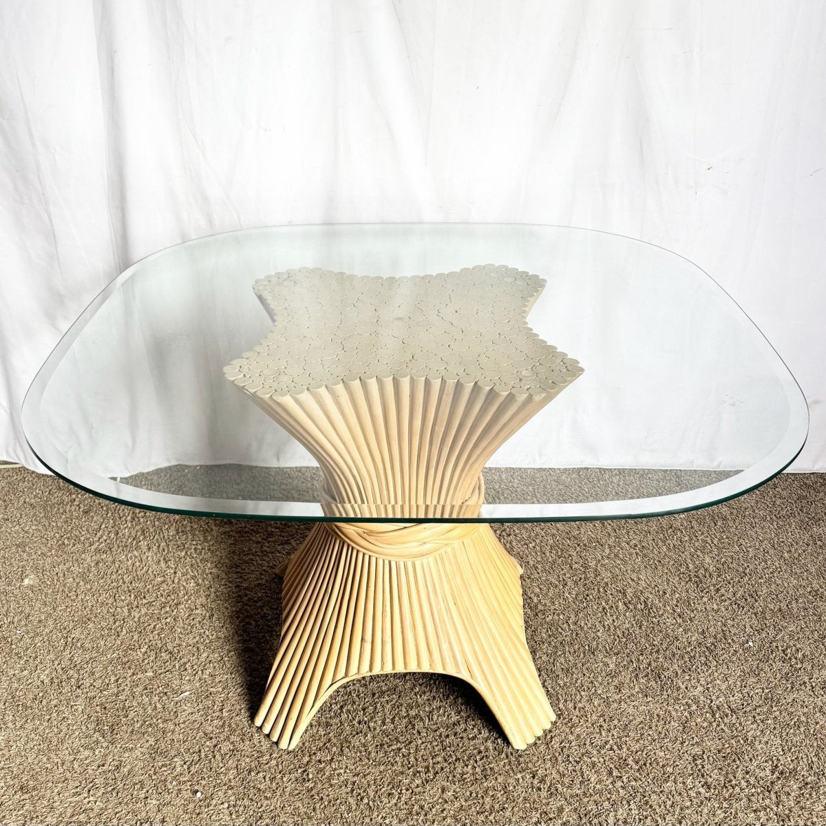 Boho Chic McGuire Style Sheaf of Wheat Rounded Square Glass Top Dining Table - Dolphin & Flamingo