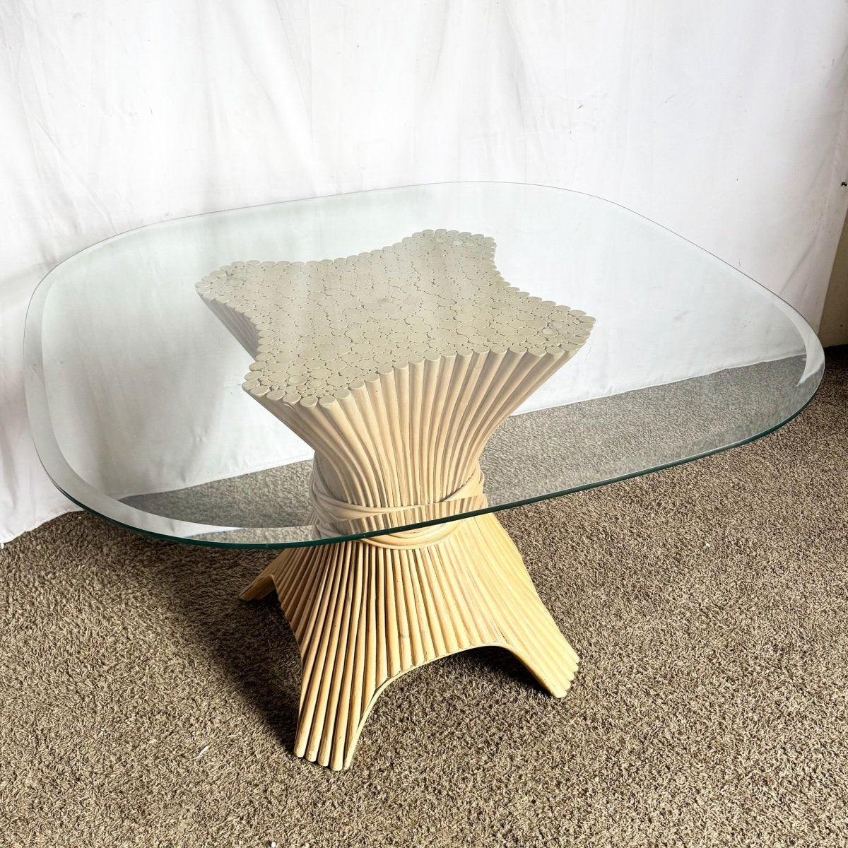 Boho Chic McGuire Style Sheaf of Wheat Rounded Square Glass Top Dining Table - Dolphin & Flamingo