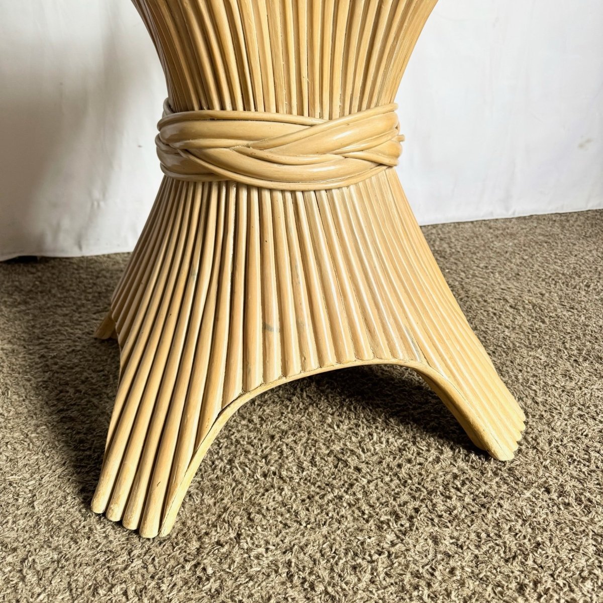 Boho Chic McGuire Style Sheaf of Wheat Rounded Square Glass Top Dining Table - Dolphin & Flamingo