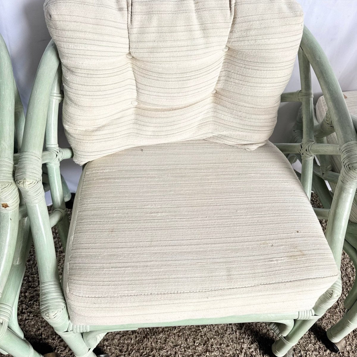 Boho Chic Mint Rattan Chippendale Style Dining Chairs by Ficks Reed - Set of 4 - Dolphin & Flamingo