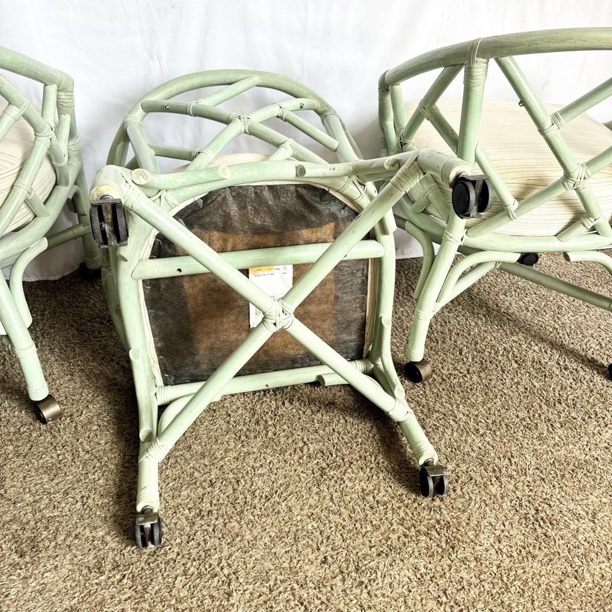 Boho Chic Mint Rattan Chippendale Style Dining Chairs by Ficks Reed - Set of 4 - Dolphin & Flamingo