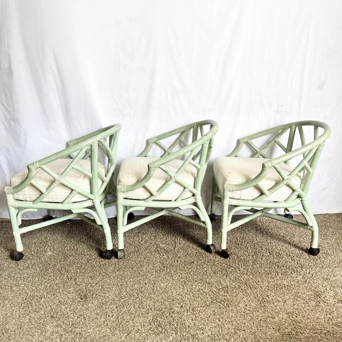 Boho Chic Mint Rattan Chippendale Style Dining Chairs by Ficks Reed - Set of 4 - Dolphin & Flamingo