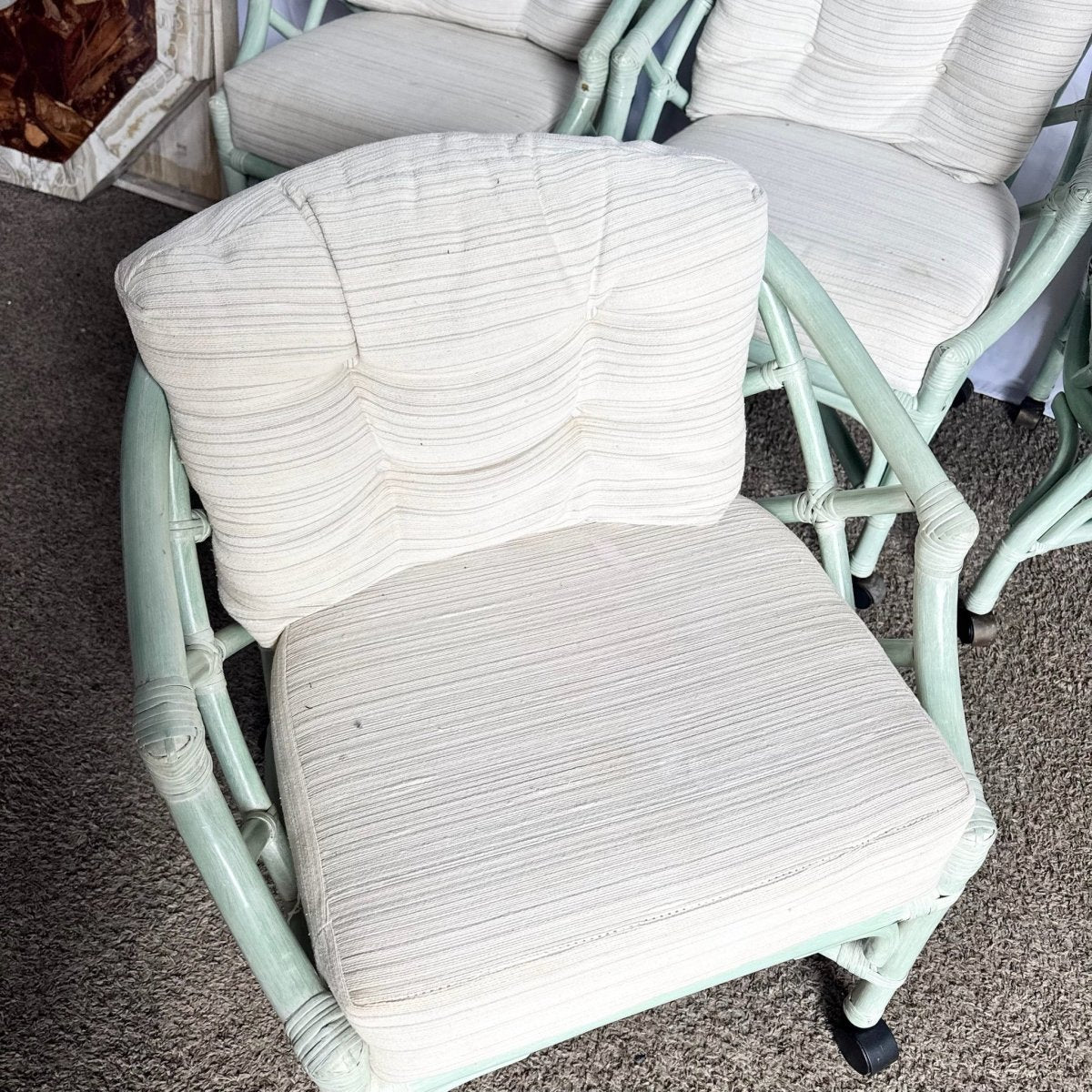 Boho Chic Mint Rattan Chippendale Style Dining Chairs by Ficks Reed - Set of 4 - Dolphin & Flamingo