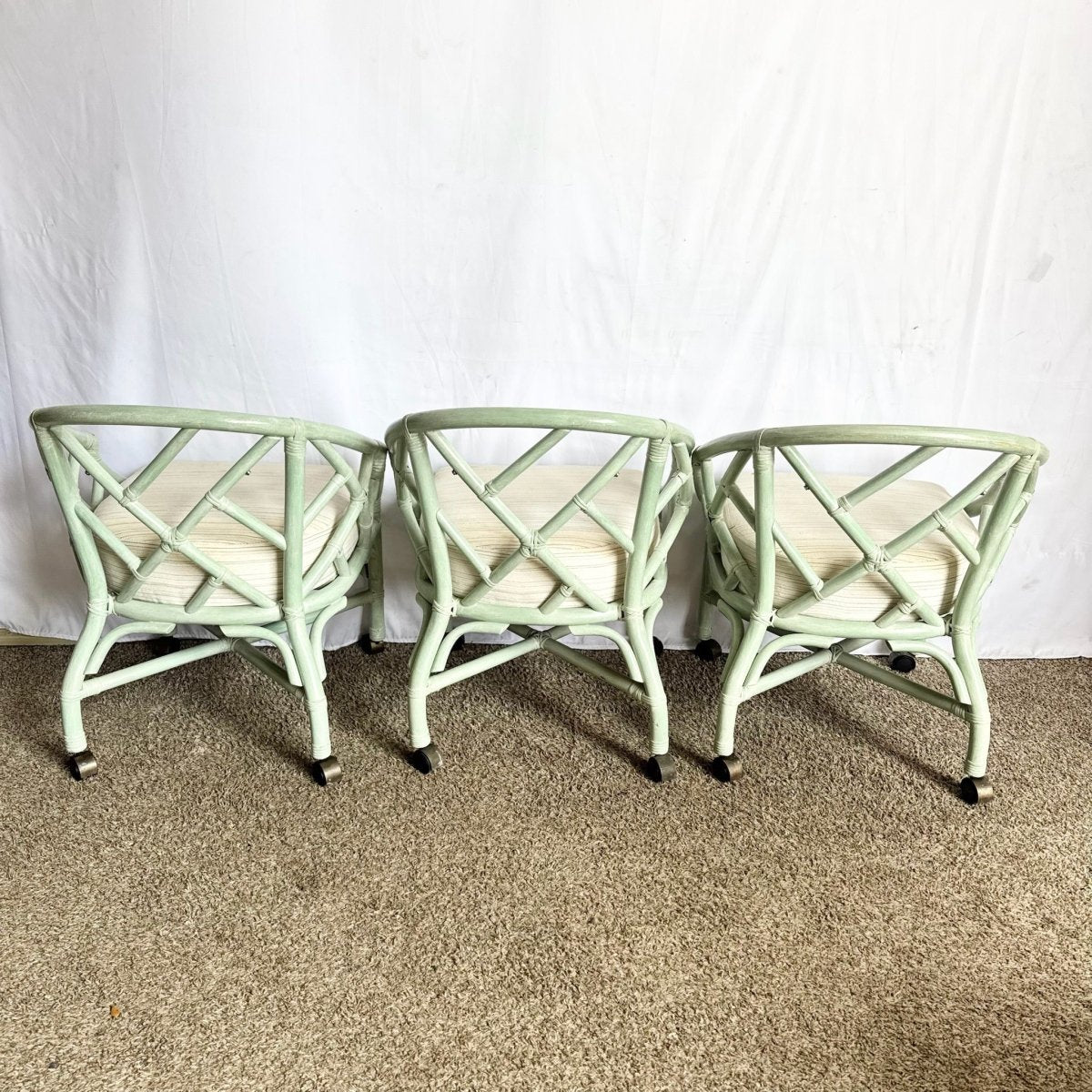 Boho Chic Mint Rattan Chippendale Style Dining Chairs by Ficks Reed - Set of 4 - Dolphin & Flamingo