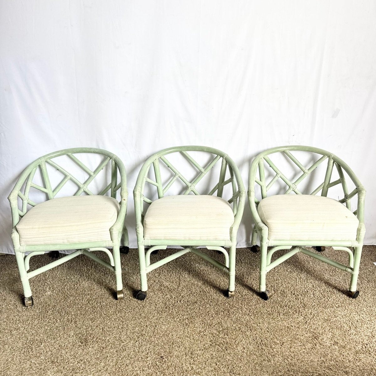 Boho Chic Mint Rattan Chippendale Style Dining Chairs by Ficks Reed - Set of 4 - Dolphin & Flamingo