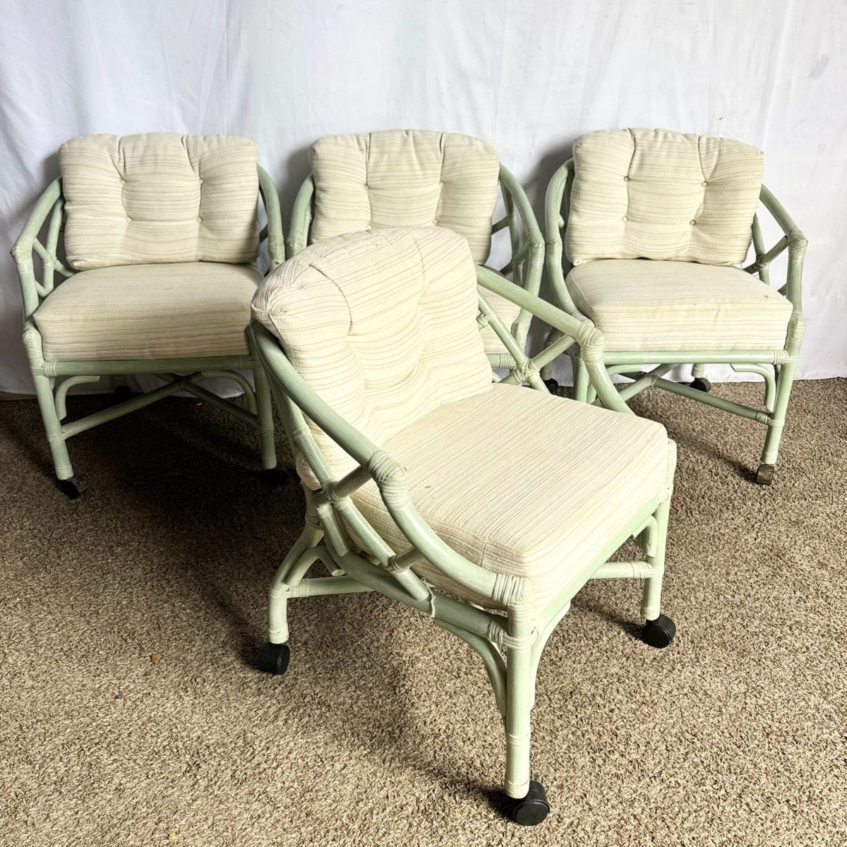 Boho Chic Mint Rattan Chippendale Style Dining Chairs by Ficks Reed - Set of 4 - Dolphin & Flamingo