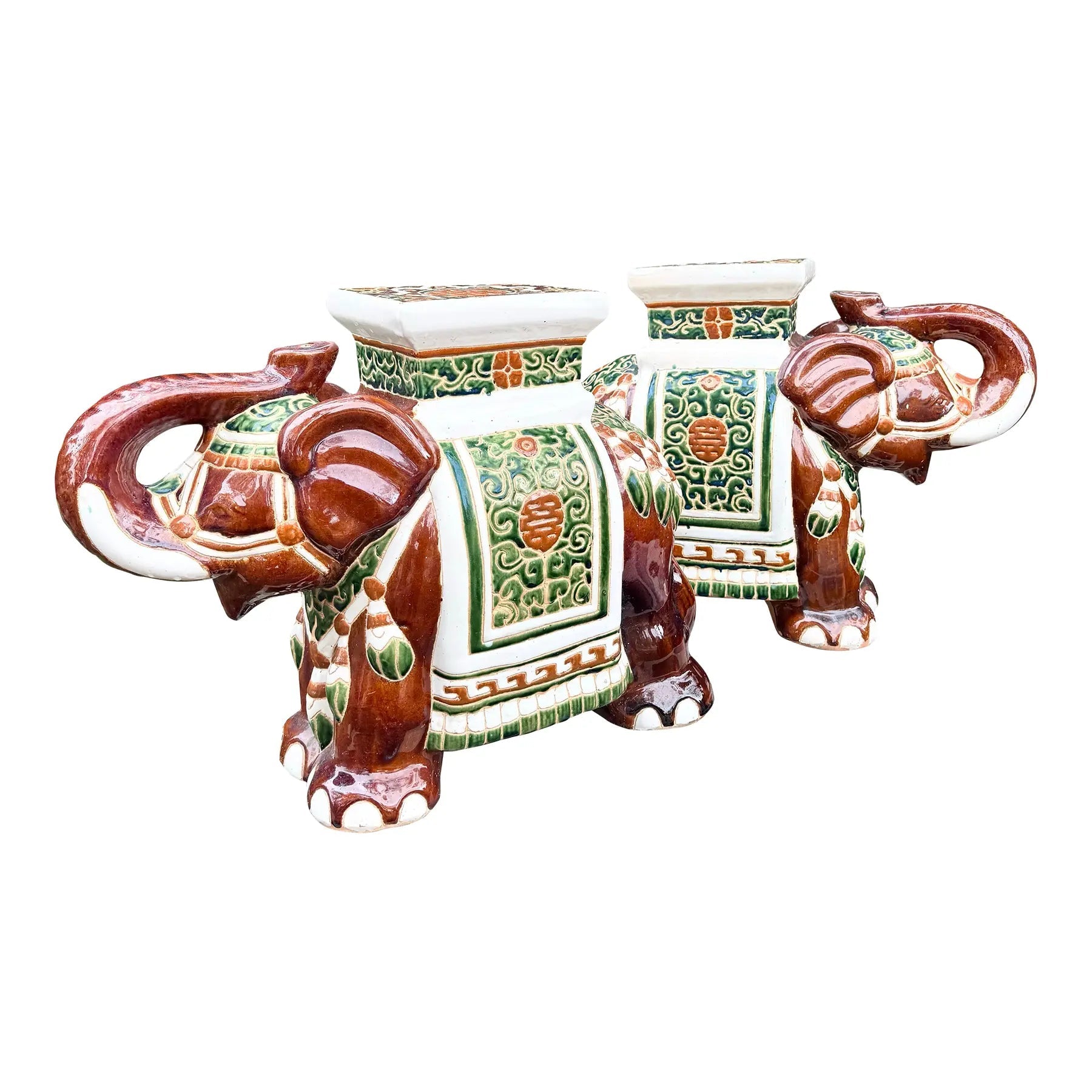 Boho Chic Painted and Glazed Ceramic Elephant Planters/Side Table - A Pair Dolphin & Flamingo