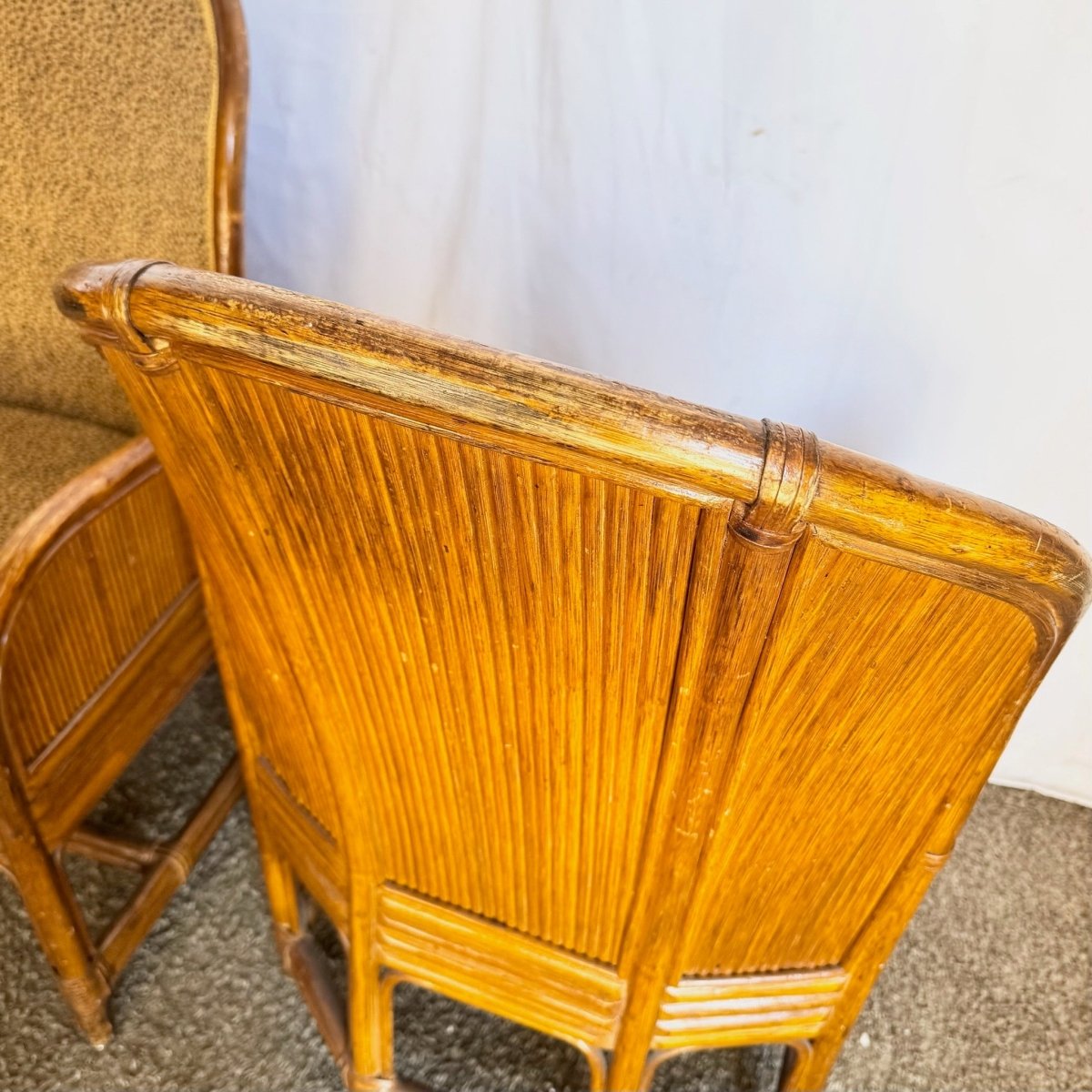 Boho Chic Pencil Reed Back Rattan Leopard Print Dining Arm Chairs - Set of 4 - Dolphin & Flamingo