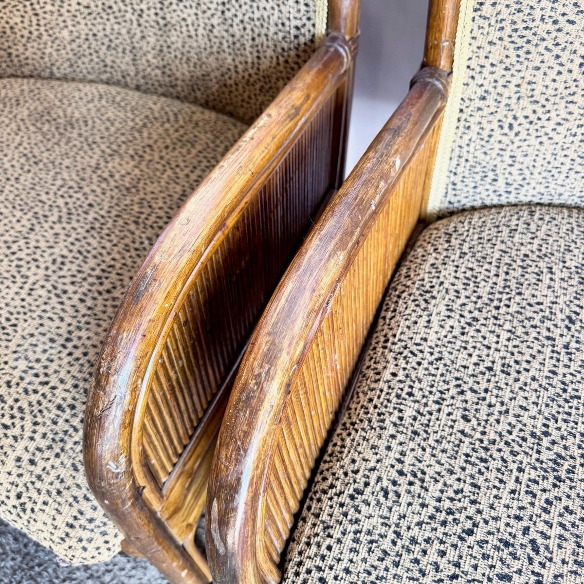 Boho Chic Pencil Reed Back Rattan Leopard Print Dining Arm Chairs - Set of 4 - Dolphin & Flamingo