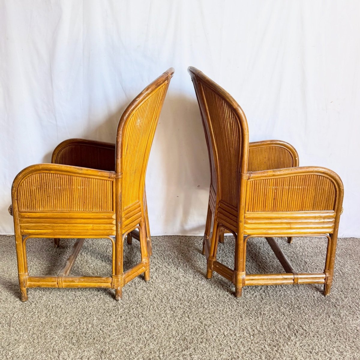 Boho Chic Pencil Reed Back Rattan Leopard Print Dining Arm Chairs - Set of 4 - Dolphin & Flamingo