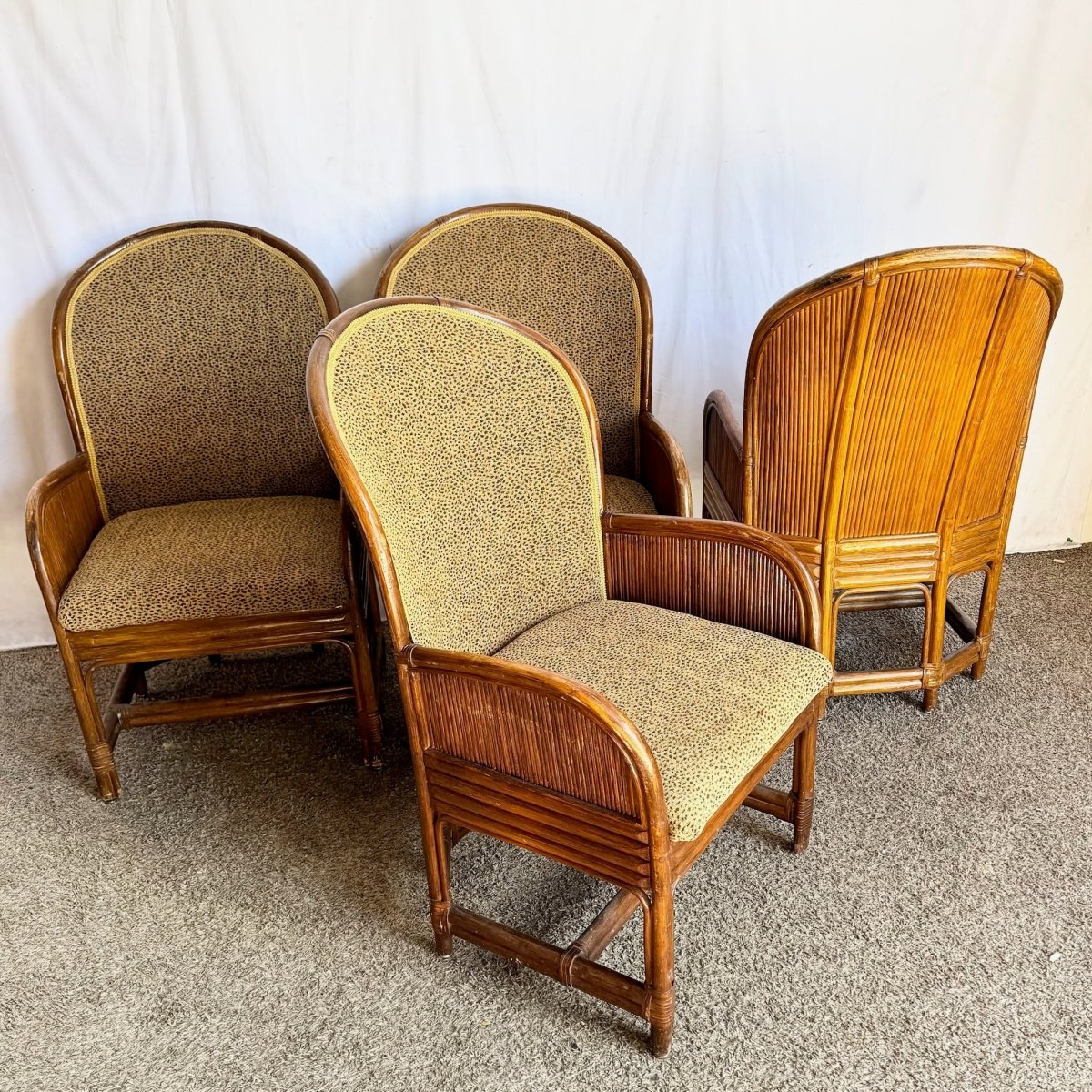 Boho Chic Pencil Reed Back Rattan Leopard Print Dining Arm Chairs - Set of 4 - Dolphin & Flamingo