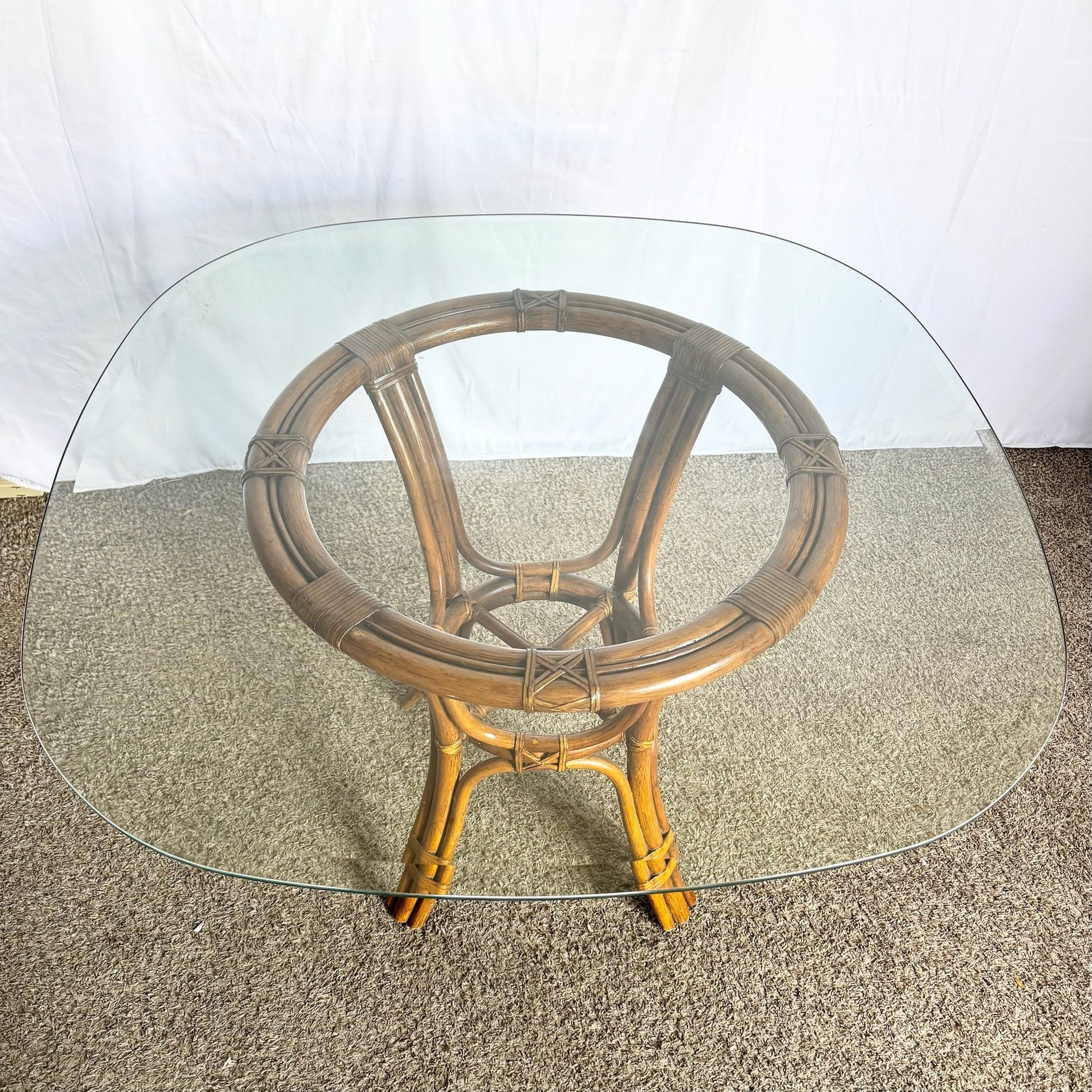 Boho Chic Rattan Rounded Square Glass Top Dining Table - Dolphin & Flamingo