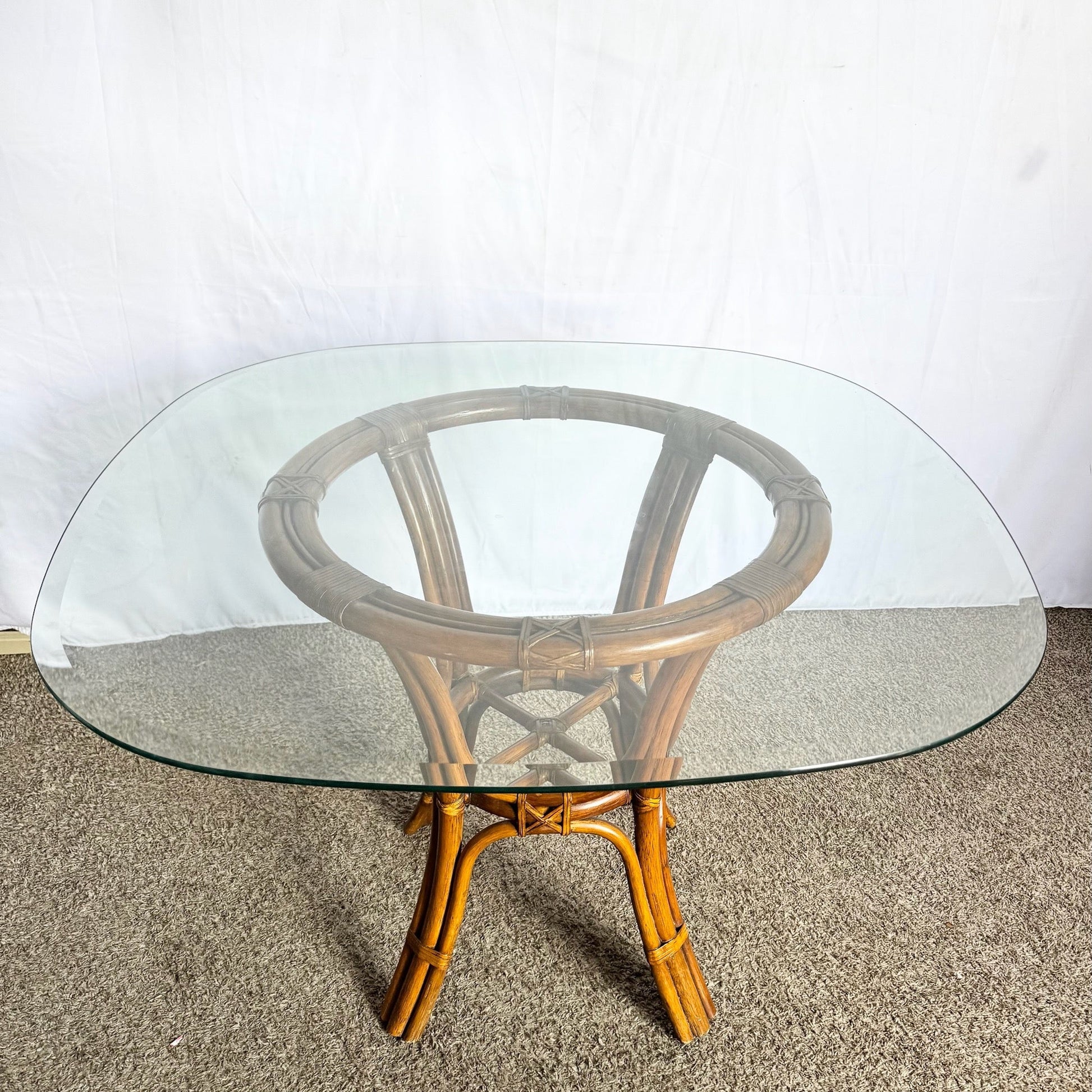 Boho Chic Rattan Rounded Square Glass Top Dining Table - Dolphin & Flamingo