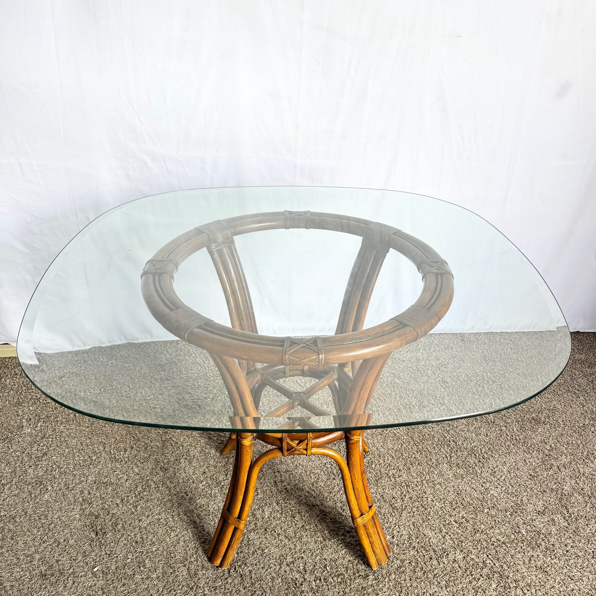 Boho Chic Rattan Rounded Square Glass Top Dining Table - Dolphin & Flamingo