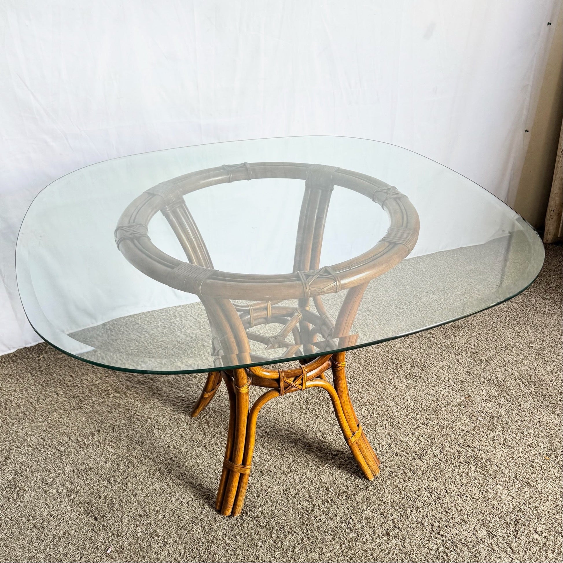 Boho Chic Rattan Rounded Square Glass Top Dining Table - Dolphin & Flamingo